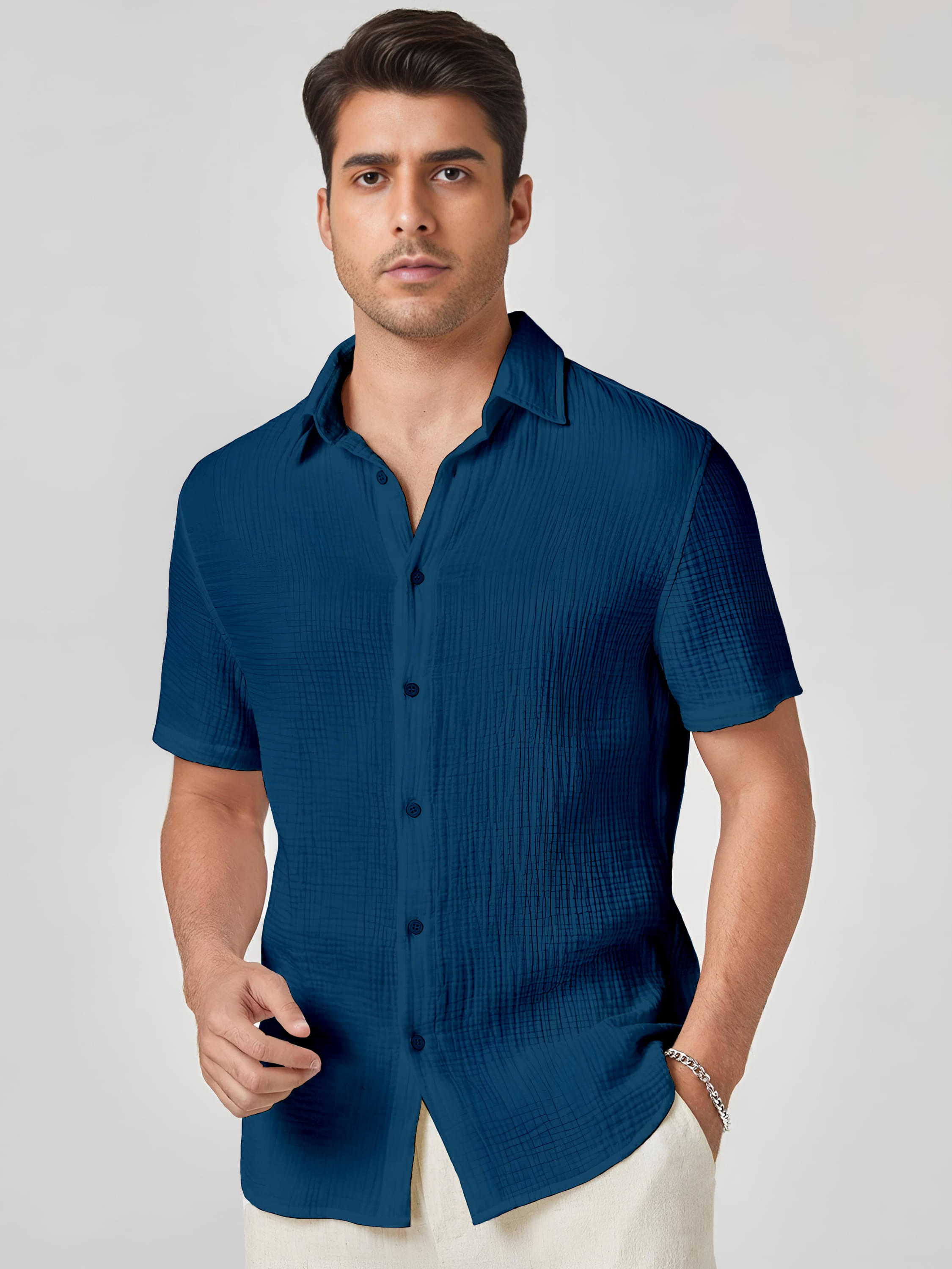 KAKIDO Polyester Regular Fit Self Design Half Sleeves Men's Casual Shirt - Blue ( Pack of 1 ) KAKIDO Polyester Regular Fit Self Design Half Sleeves Men's Casual Shirt - Blue ( Pack of 1 )
