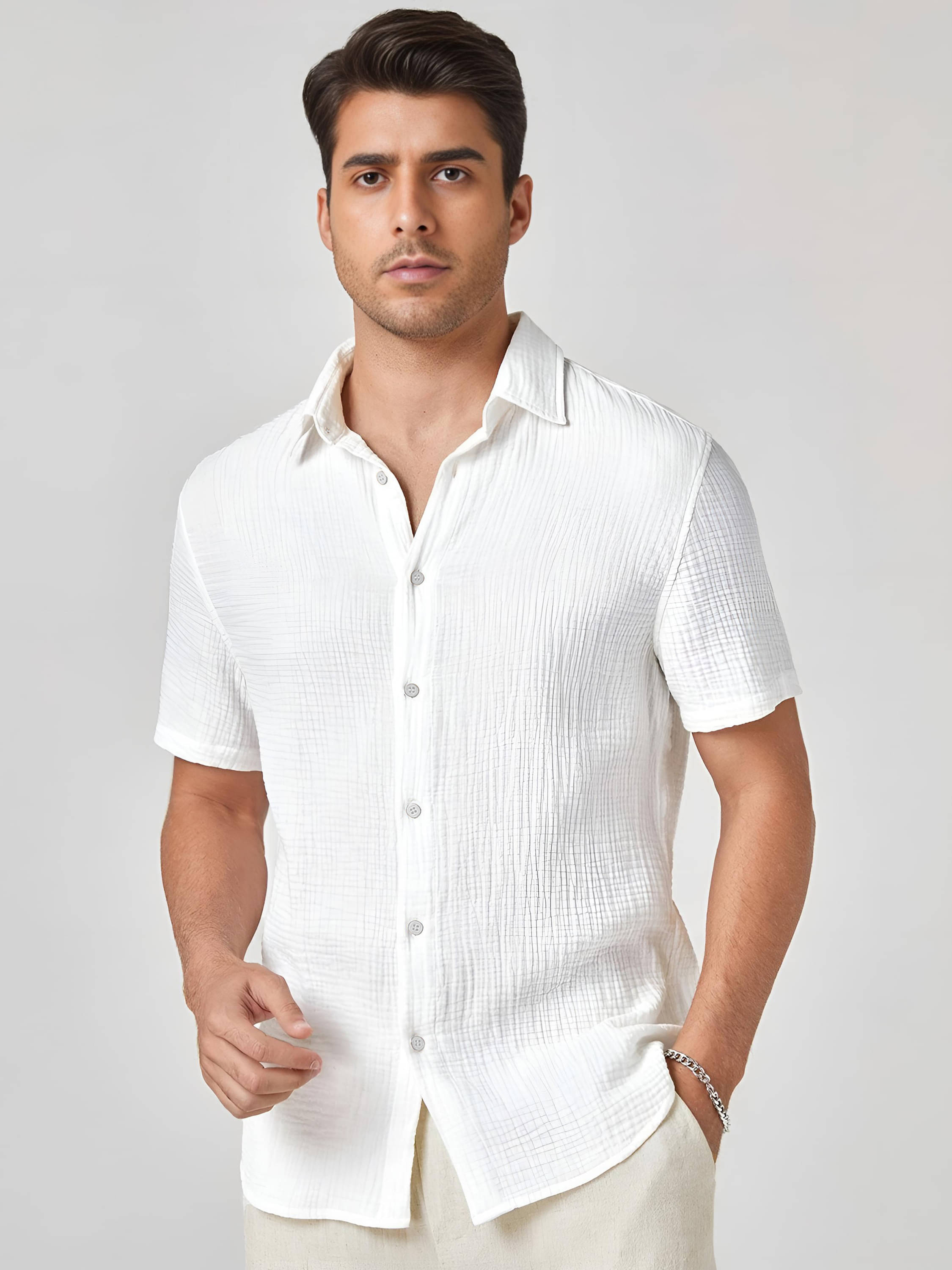 KAKIDO Polyester Regular Fit Self Design Half Sleeves Men's Casual Shirt - White ( Pack of 1 ) KAKIDO Polyester Regular Fit Self Design Half Sleeves Men's Casual Shirt - White ( Pack of 1 )