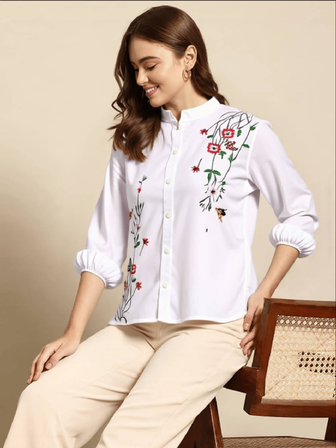     			MAYKR Women Printed Rayon Shirt ( White )