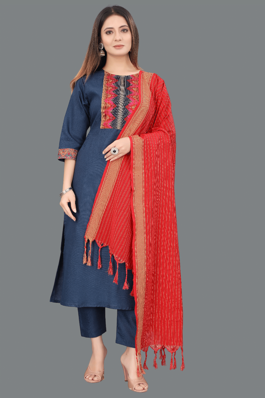     			MEHUL TEXTILE / MVC GROUP OF COMPANY Women Cotton Embroidered Straight Kurti With Pants ( Navy Blue )