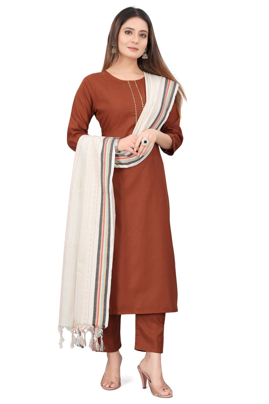     			MEHUL TEXTILE / MVC GROUP OF COMPANY Women Cotton Printed Straight Kurti With Pants ( Rust )