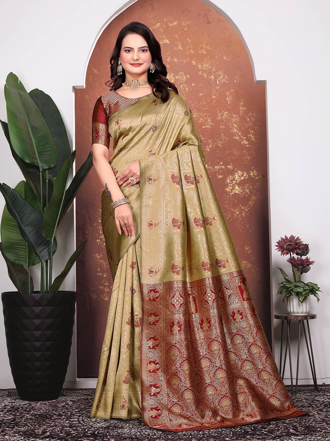 Maayro Banarasi Silk Woven Saree With Unstitched Blouse Piece ( Beige ) Maayro Banarasi Silk Woven Saree With Unstitched Blouse Piece ( Beige )