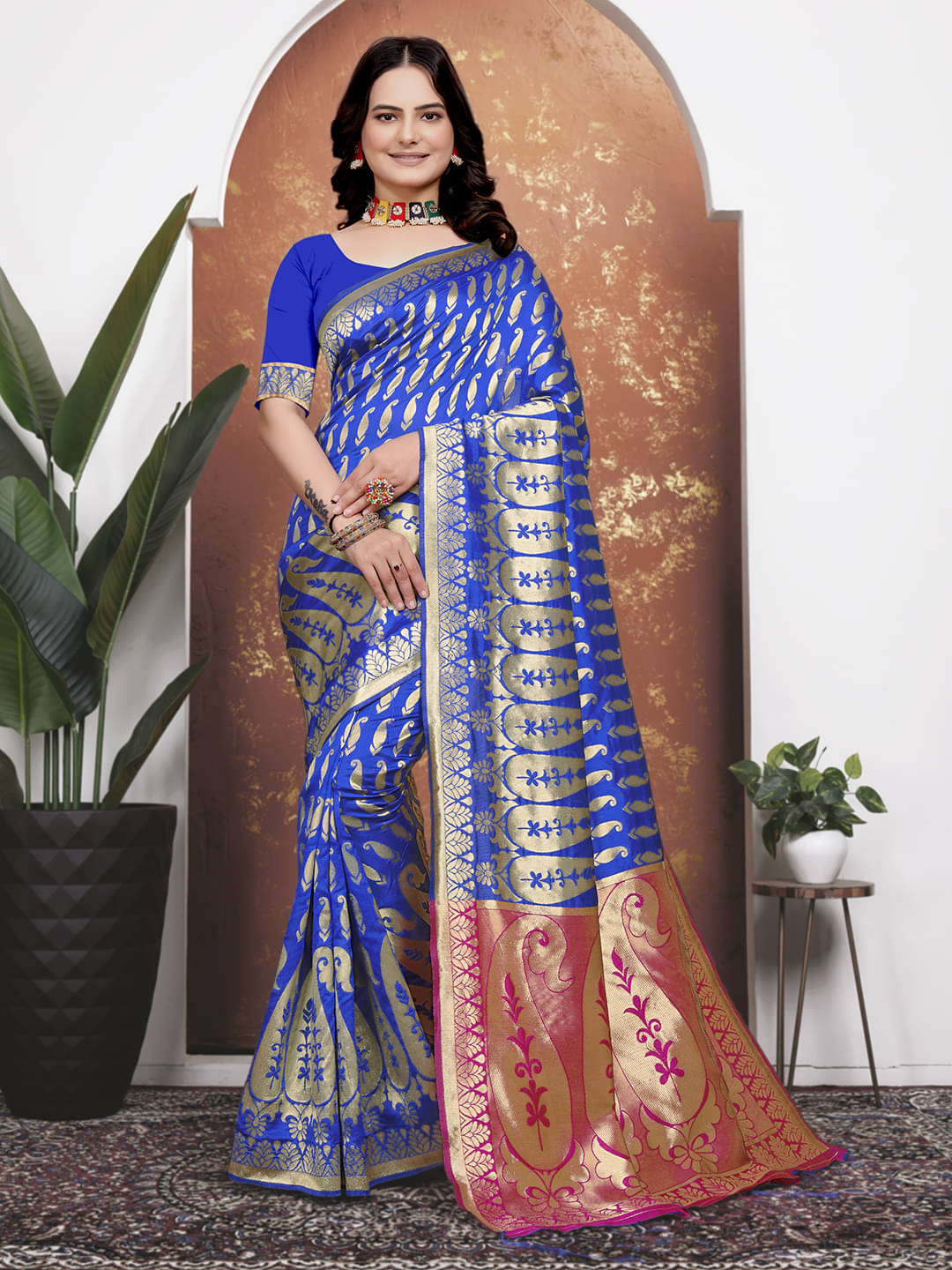     			Maayro Banarasi Silk Woven Saree With Unstitched Blouse Piece ( Blue )