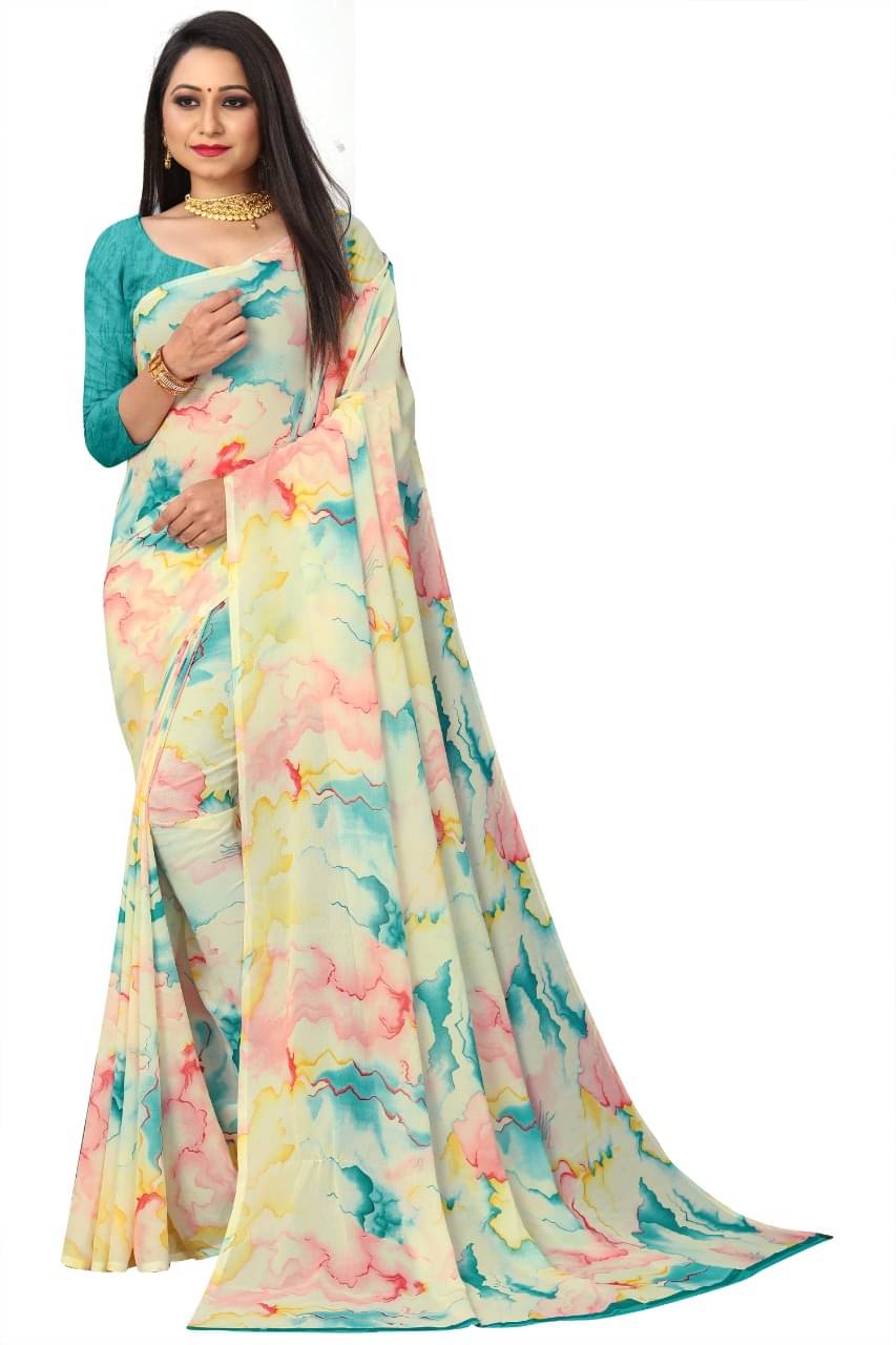 Maayro Georgette Dyed Saree With Unstitched Blouse Piece ( Rama ) Maayro Georgette Dyed Saree With Unstitched Blouse Piece ( Rama )