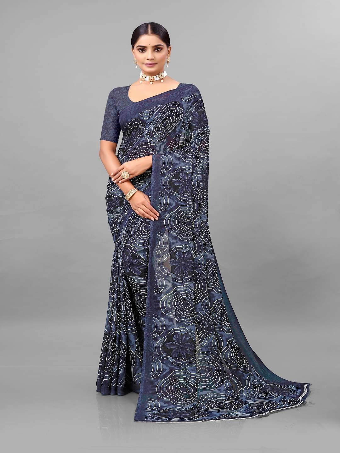     			Maayro Georgette Printed Saree With Unstitched Blouse Piece ( Grey )