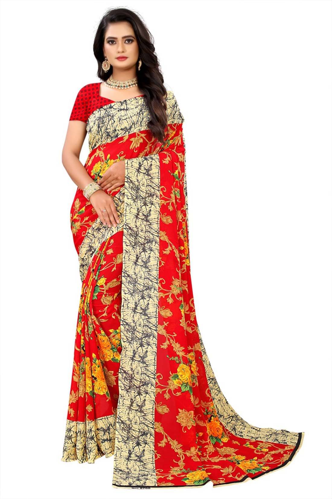Maayro Georgette Printed Saree With Unstitched Blouse Piece ( Red ) Maayro Georgette Printed Saree With Unstitched Blouse Piece ( Red )