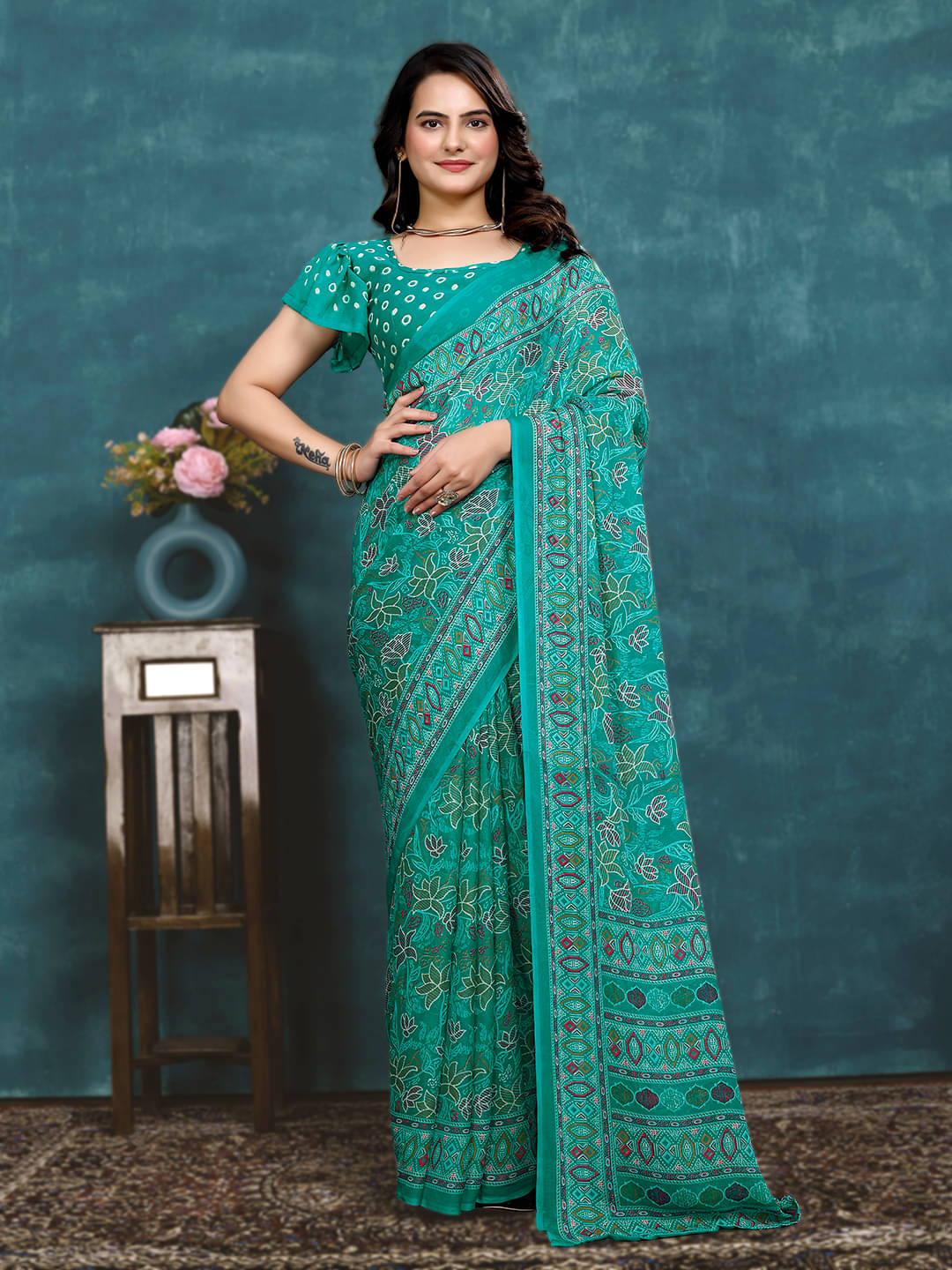Maayro Georgette Printed Saree With Unstitched Blouse Piece ( Rama ) Maayro Georgette Printed Saree With Unstitched Blouse Piece ( Rama )