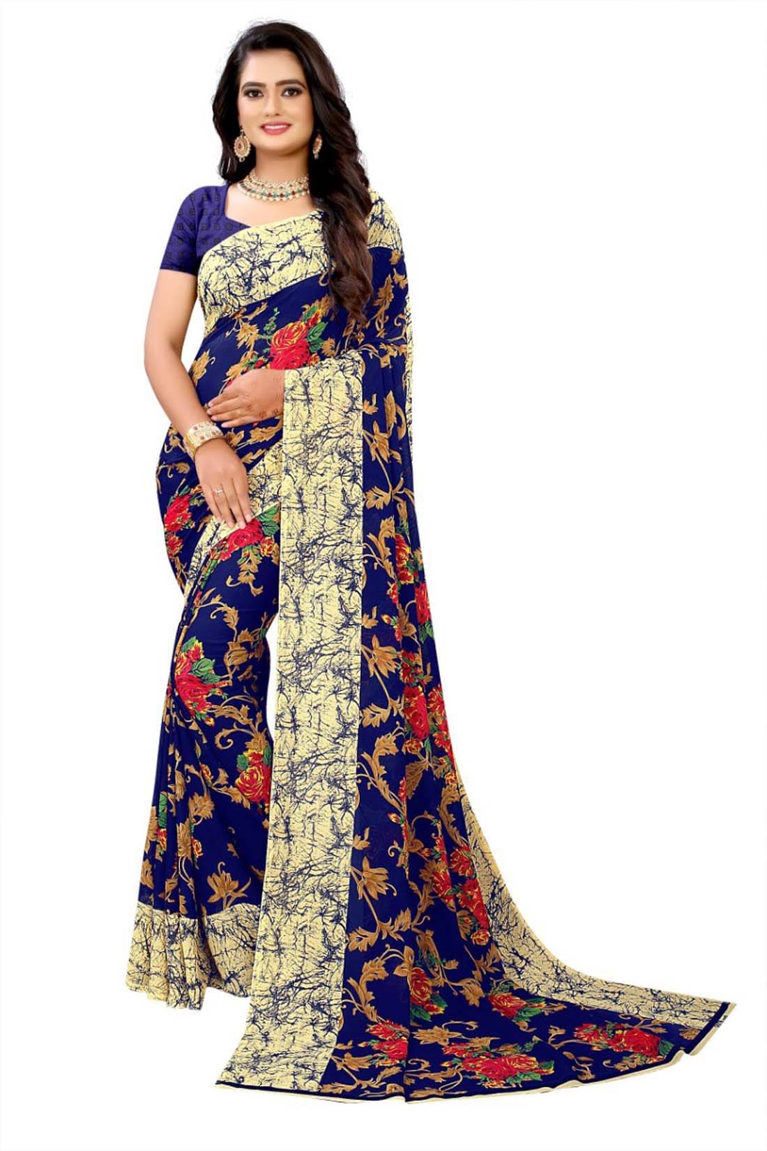 Maayro Georgette Printed Saree With Unstitched Blouse Piece ( Navy Blue ) Maayro Georgette Printed Saree With Unstitched Blouse Piece ( Navy Blue )