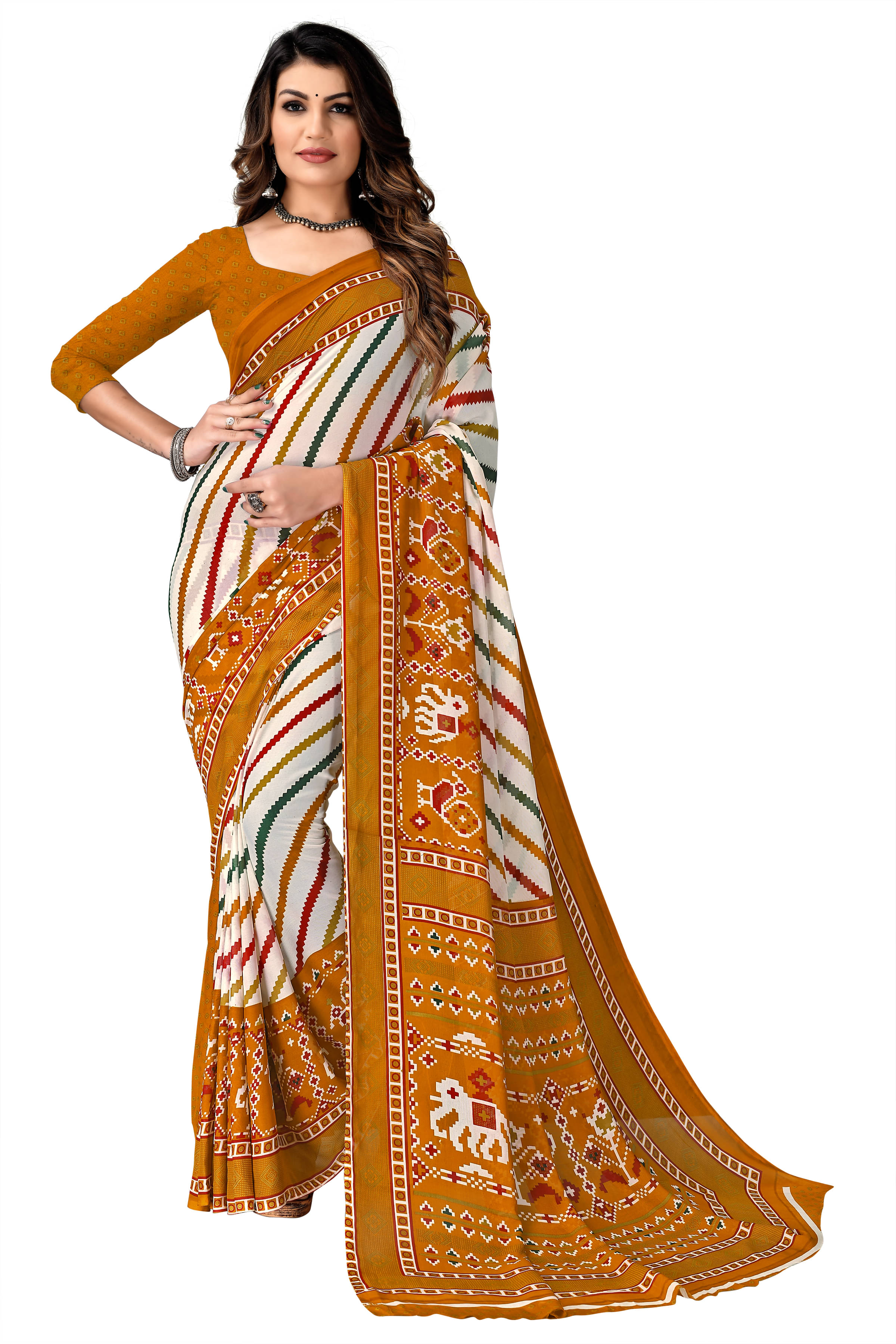 Maayro Georgette Printed Saree With Unstitched Blouse Piece ( Mustard ) Maayro Georgette Printed Saree With Unstitched Blouse Piece ( Mustard )