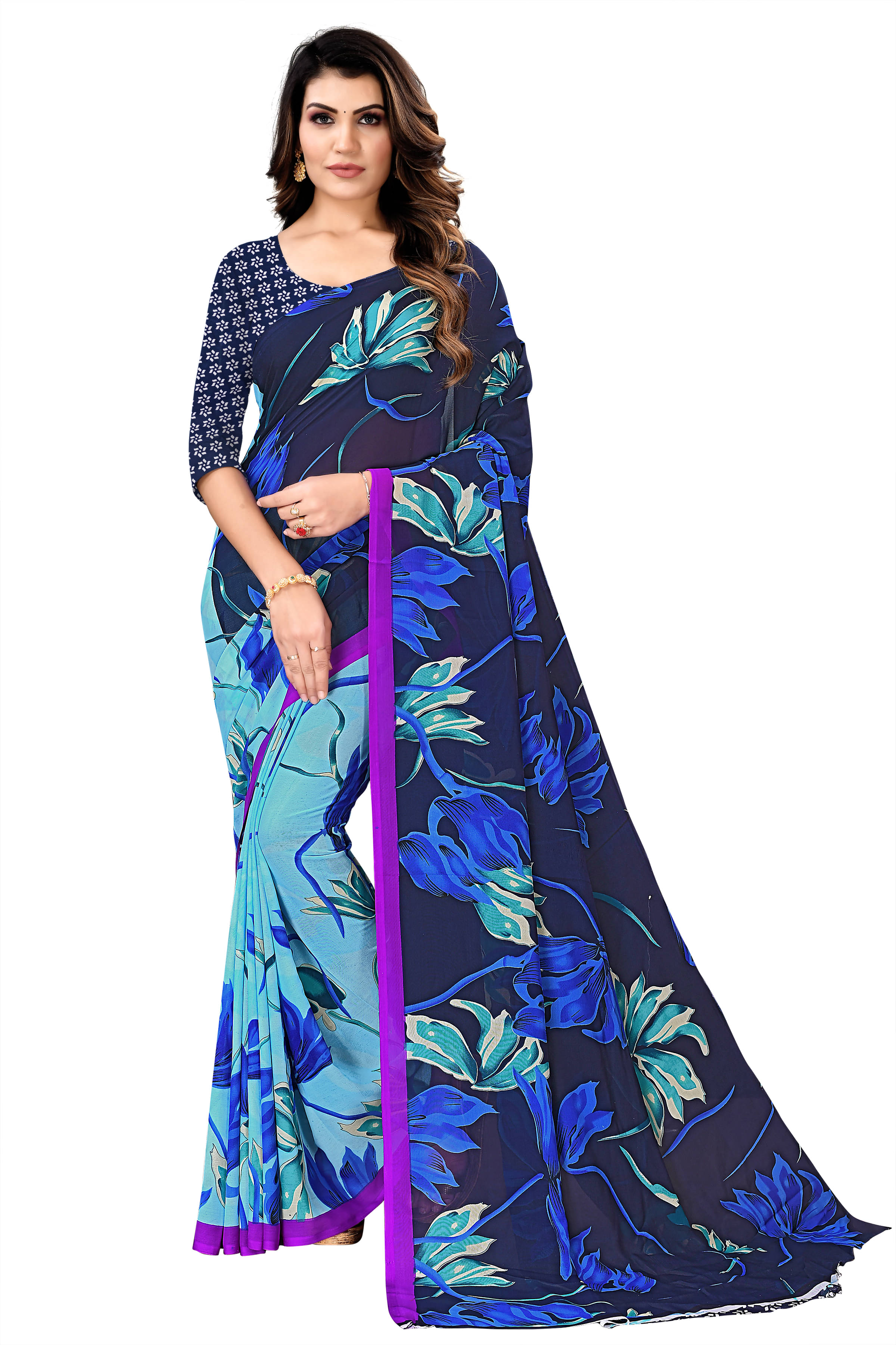     			Maayro Georgette Printed Saree With Unstitched Blouse Piece ( Blue )