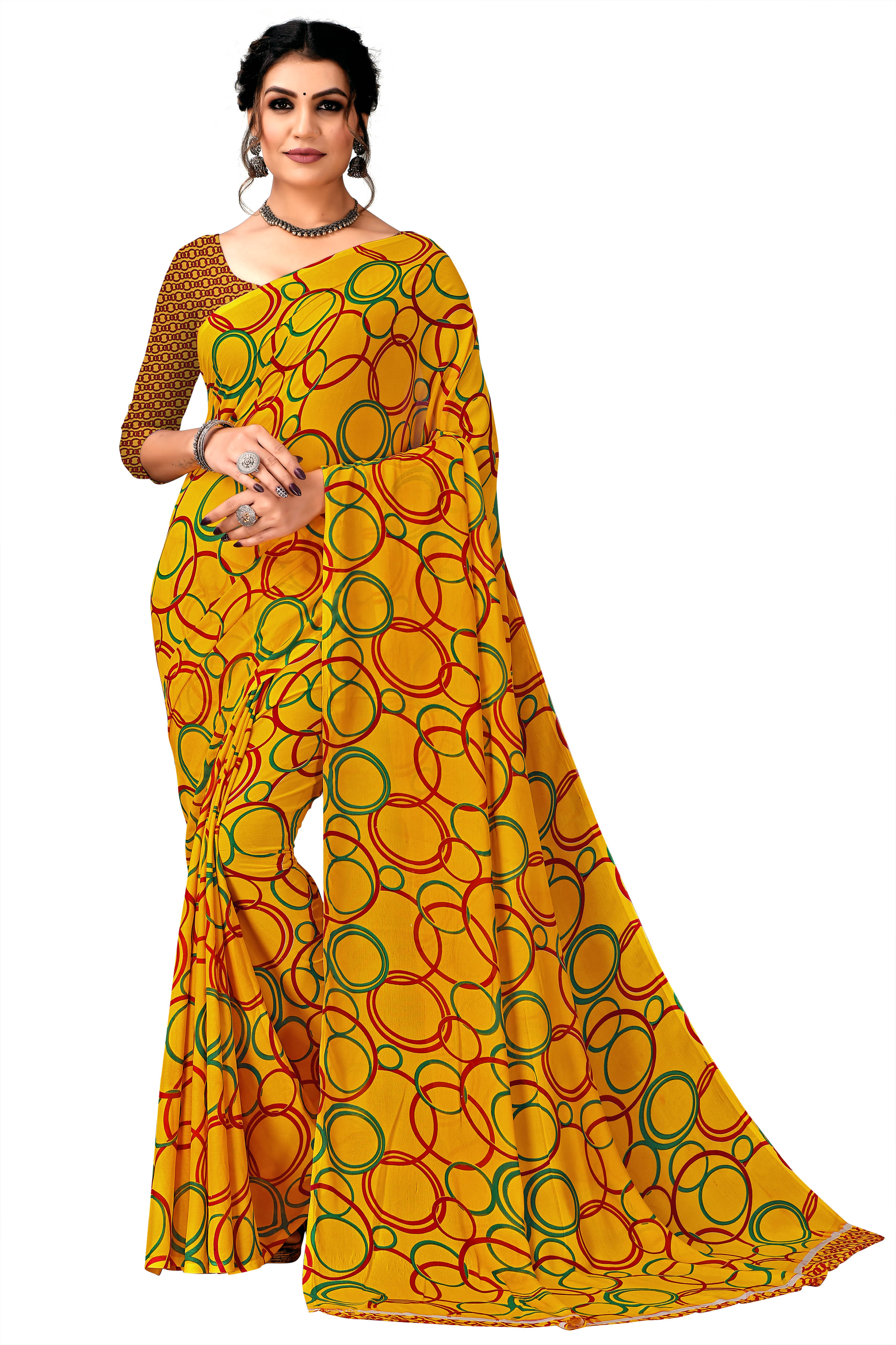 Maayro Georgette Printed Saree With Unstitched Blouse Piece ( Yellow ) Maayro Georgette Printed Saree With Unstitched Blouse Piece ( Yellow )
