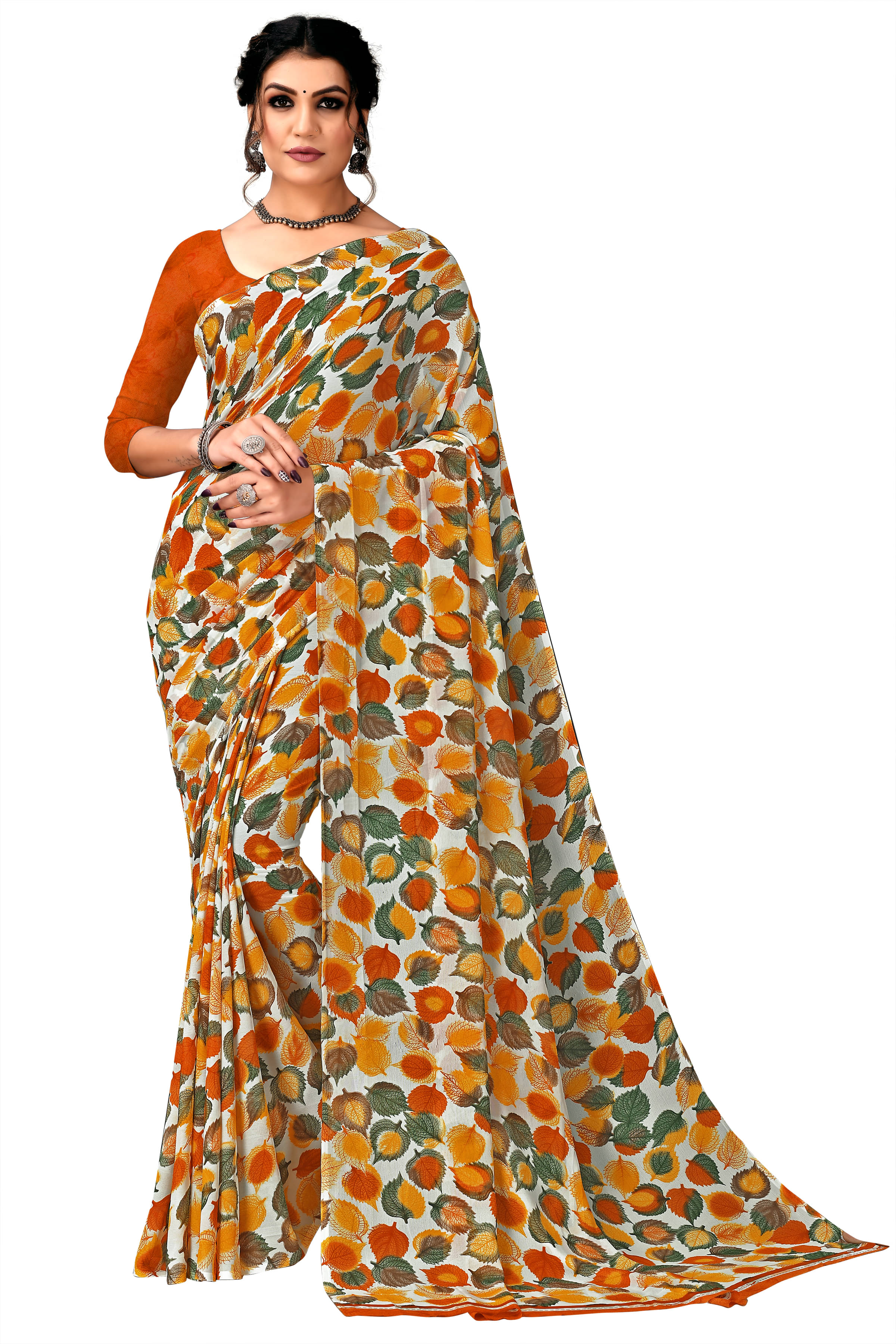 Maayro Georgette Printed Saree With Unstitched Blouse Piece ( Orange ) Maayro Georgette Printed Saree With Unstitched Blouse Piece ( Orange )