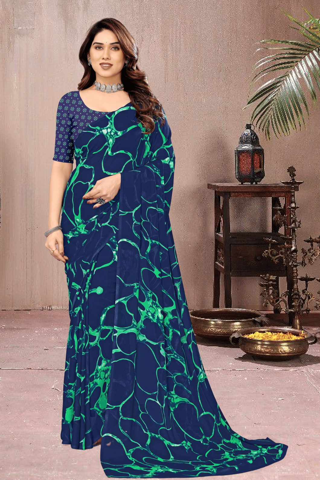 Maayro Georgette Printed Saree With Unstitched Blouse Piece ( Navy Blue ) Maayro Georgette Printed Saree With Unstitched Blouse Piece ( Navy Blue )