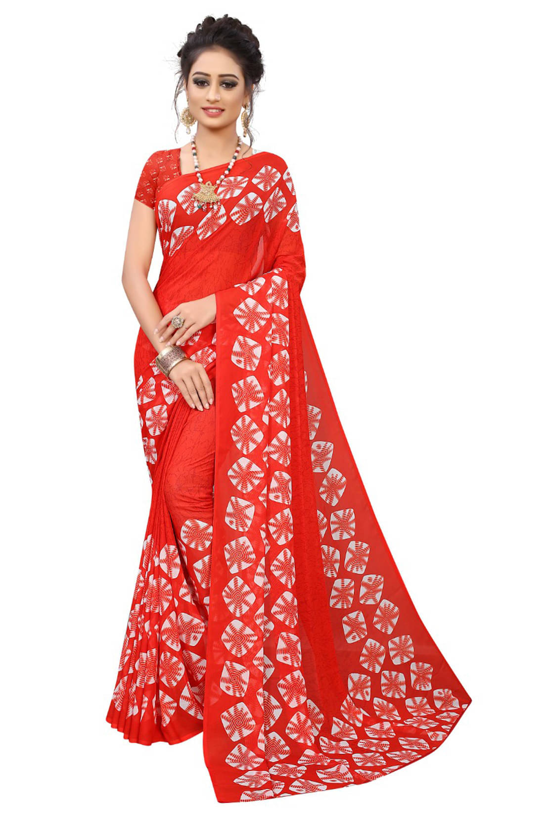     			Maayro Georgette Printed Saree With Unstitched Blouse Piece ( Red )