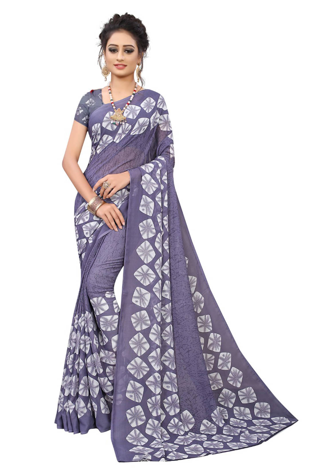 Maayro Georgette Printed Saree With Unstitched Blouse Piece ( Purple ) Maayro Georgette Printed Saree With Unstitched Blouse Piece ( Purple )
