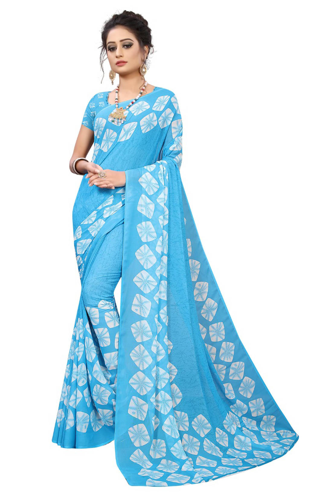 Maayro Georgette Printed Saree With Unstitched Blouse Piece ( Light Blue ) Maayro Georgette Printed Saree With Unstitched Blouse Piece ( Light Blue )