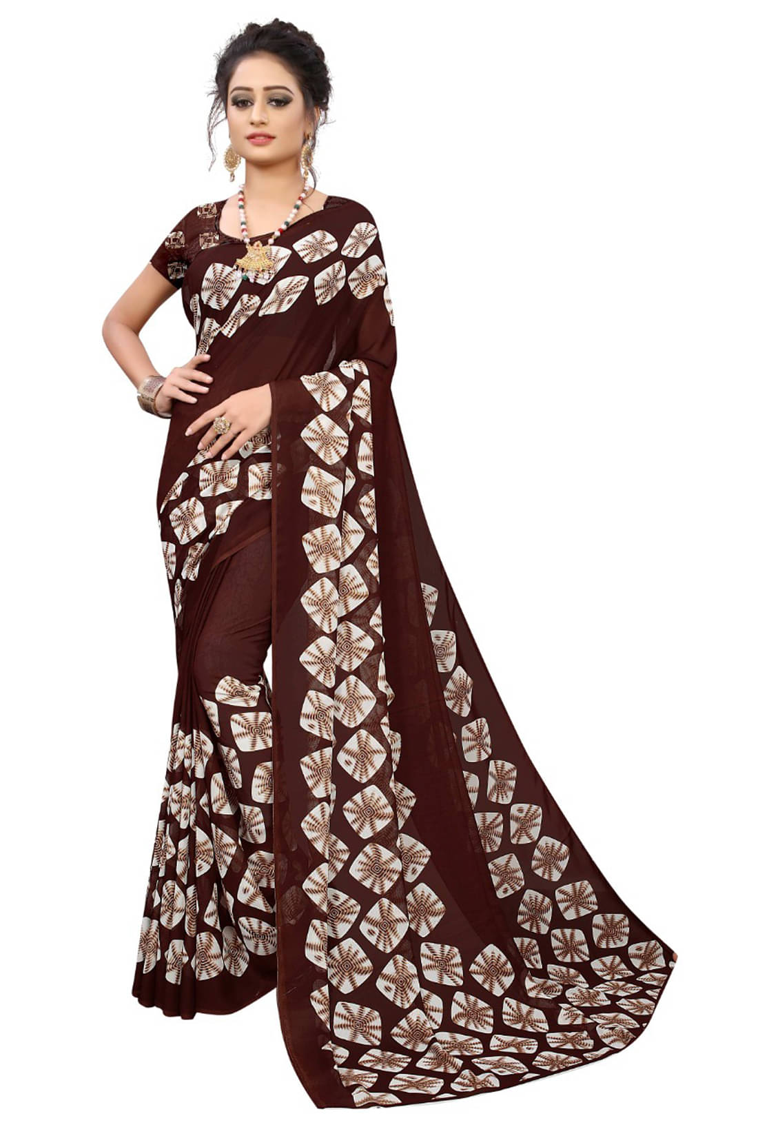     			Maayro Georgette Printed Saree With Unstitched Blouse Piece ( Brown )