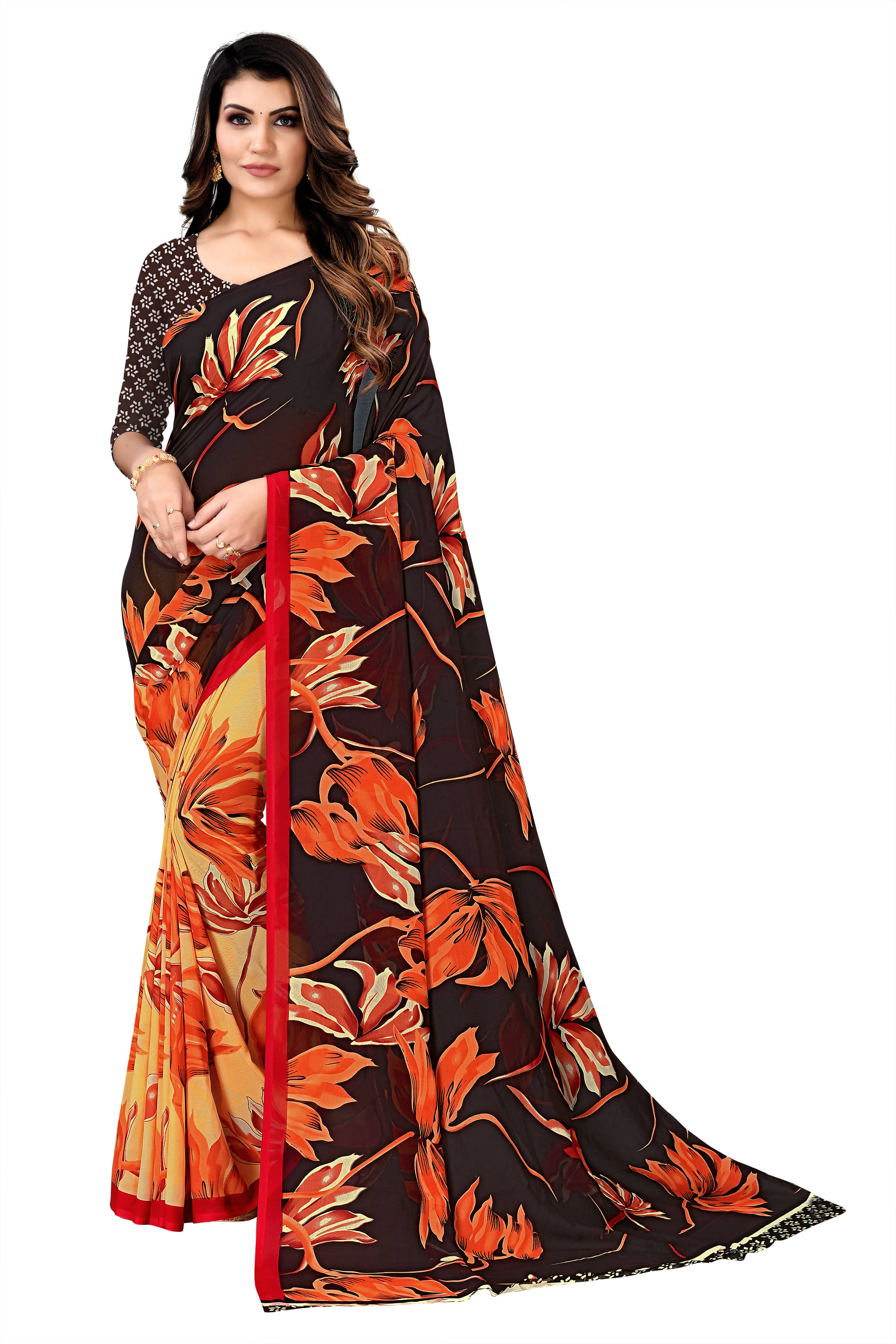 Maayro Georgette Printed Saree With Unstitched Blouse Piece ( Orange ) Maayro Georgette Printed Saree With Unstitched Blouse Piece ( Orange )