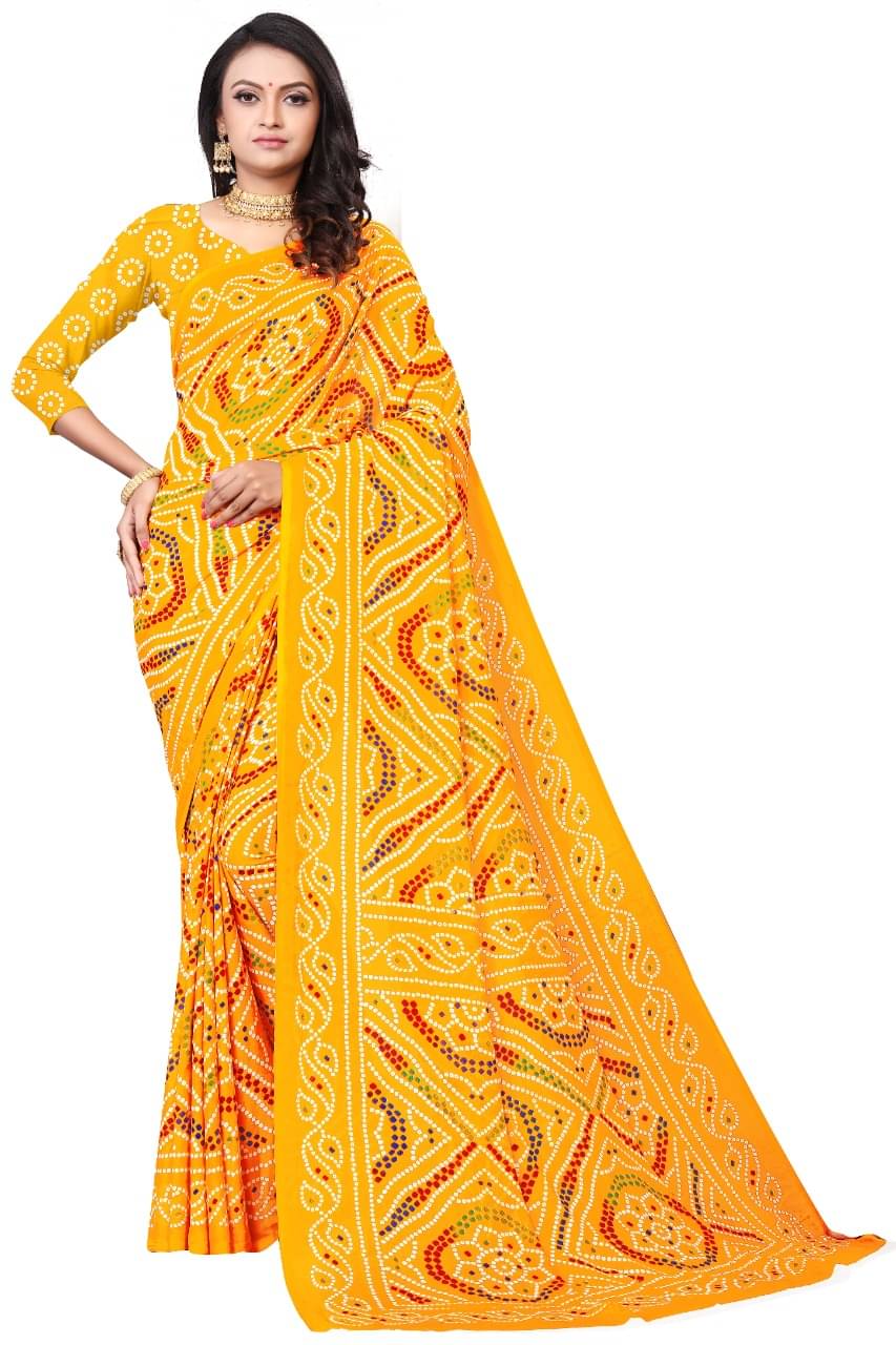     			Maayro Georgette Printed Saree With Unstitched Blouse Piece ( Yellow )