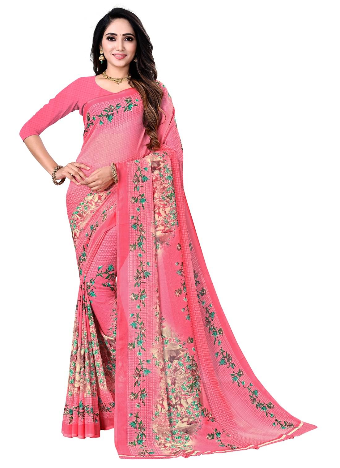 Maayro Georgette Printed Saree With Unstitched Blouse Piece ( Pink ) Maayro Georgette Printed Saree With Unstitched Blouse Piece ( Pink )