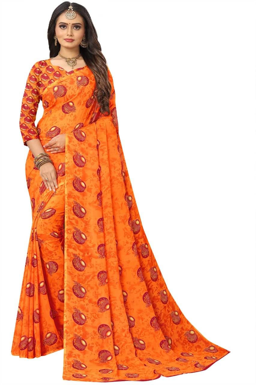     			Maayro Georgette Printed Saree With Unstitched Blouse Piece ( Orange )
