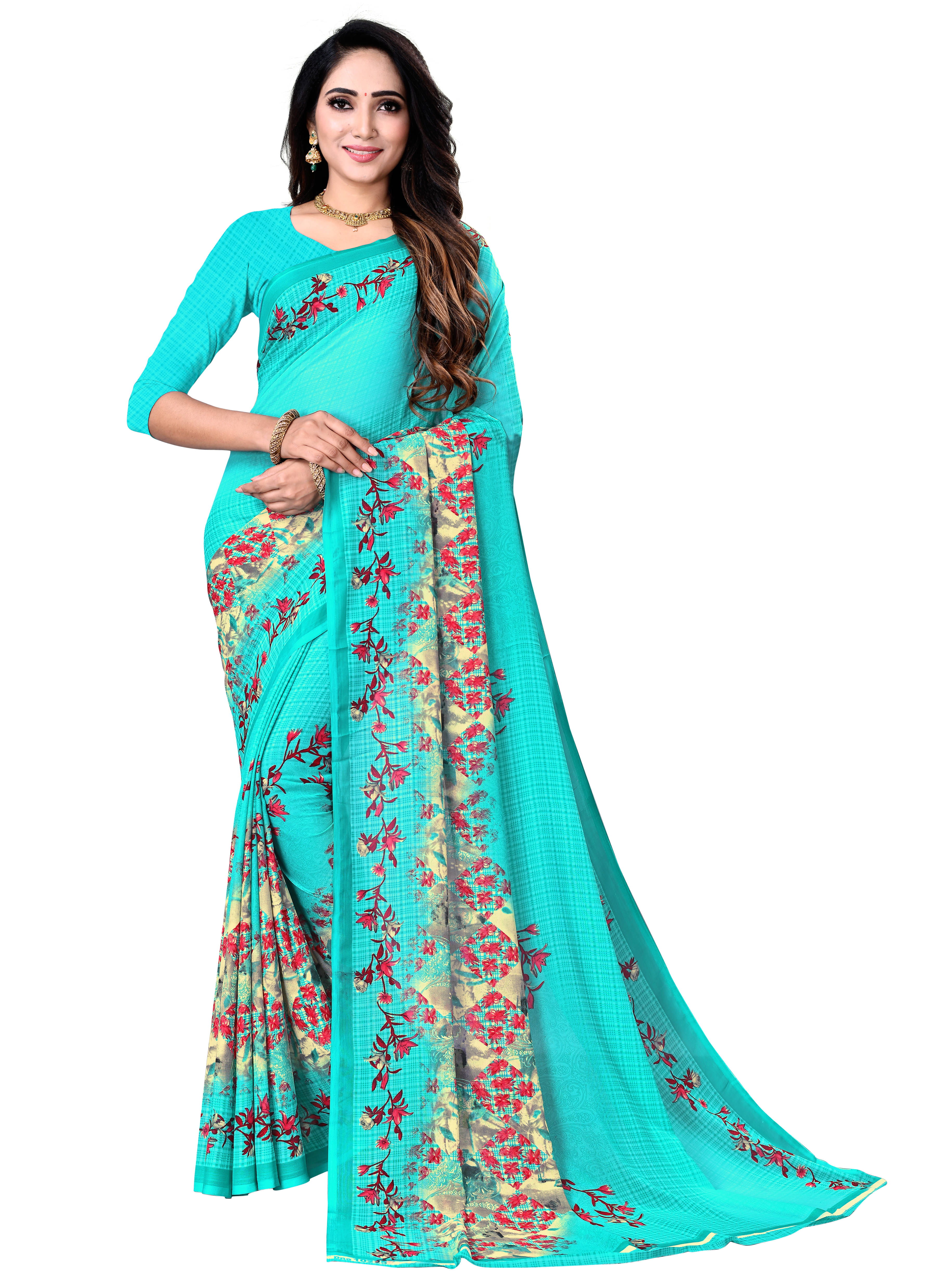 Maayro Georgette Printed Saree With Unstitched Blouse Piece ( Rama ) Maayro Georgette Printed Saree With Unstitched Blouse Piece ( Rama )