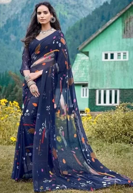 Maayro Georgette Printed Saree With Unstitched Blouse Piece ( Navy Blue ) Maayro Georgette Printed Saree With Unstitched Blouse Piece ( Navy Blue )