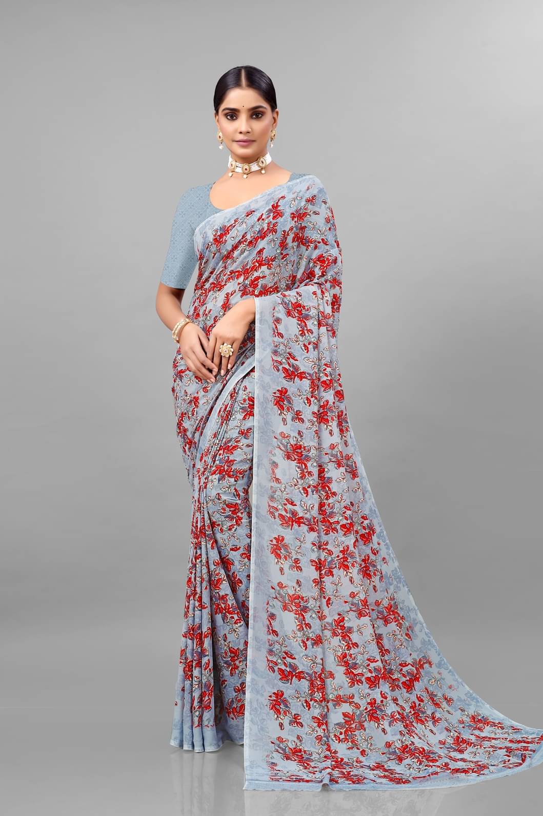 Maayro Georgette Printed Saree With Unstitched Blouse Piece ( Grey Melange ) Maayro Georgette Printed Saree With Unstitched Blouse Piece ( Grey Melange )