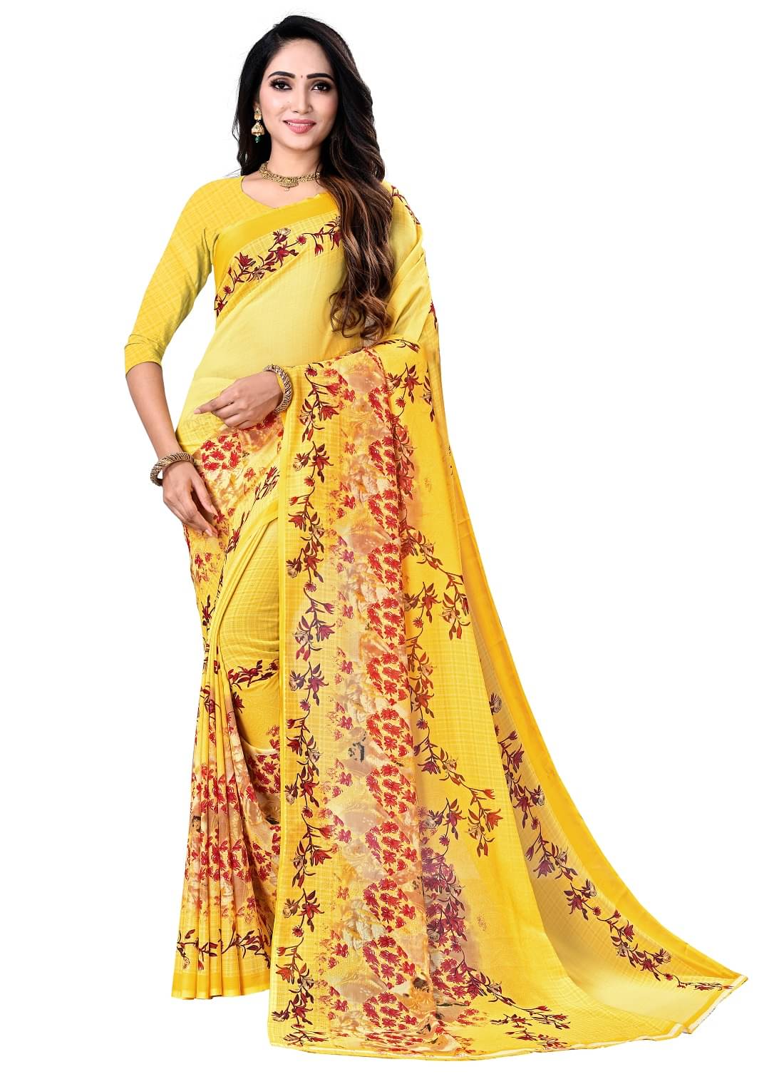 Maayro Georgette Printed Saree With Unstitched Blouse Piece ( Yellow1 ) Maayro Georgette Printed Saree With Unstitched Blouse Piece ( Yellow1 )