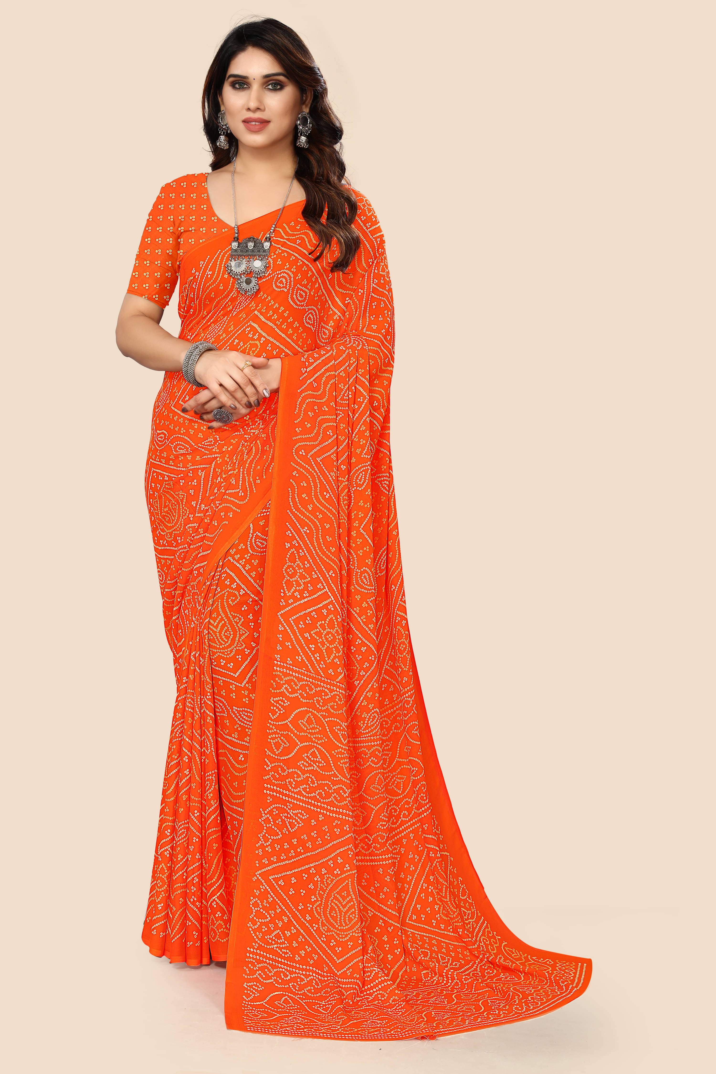 Maayro Georgette Printed Saree With Unstitched Blouse Piece ( Orange ) Maayro Georgette Printed Saree With Unstitched Blouse Piece ( Orange )
