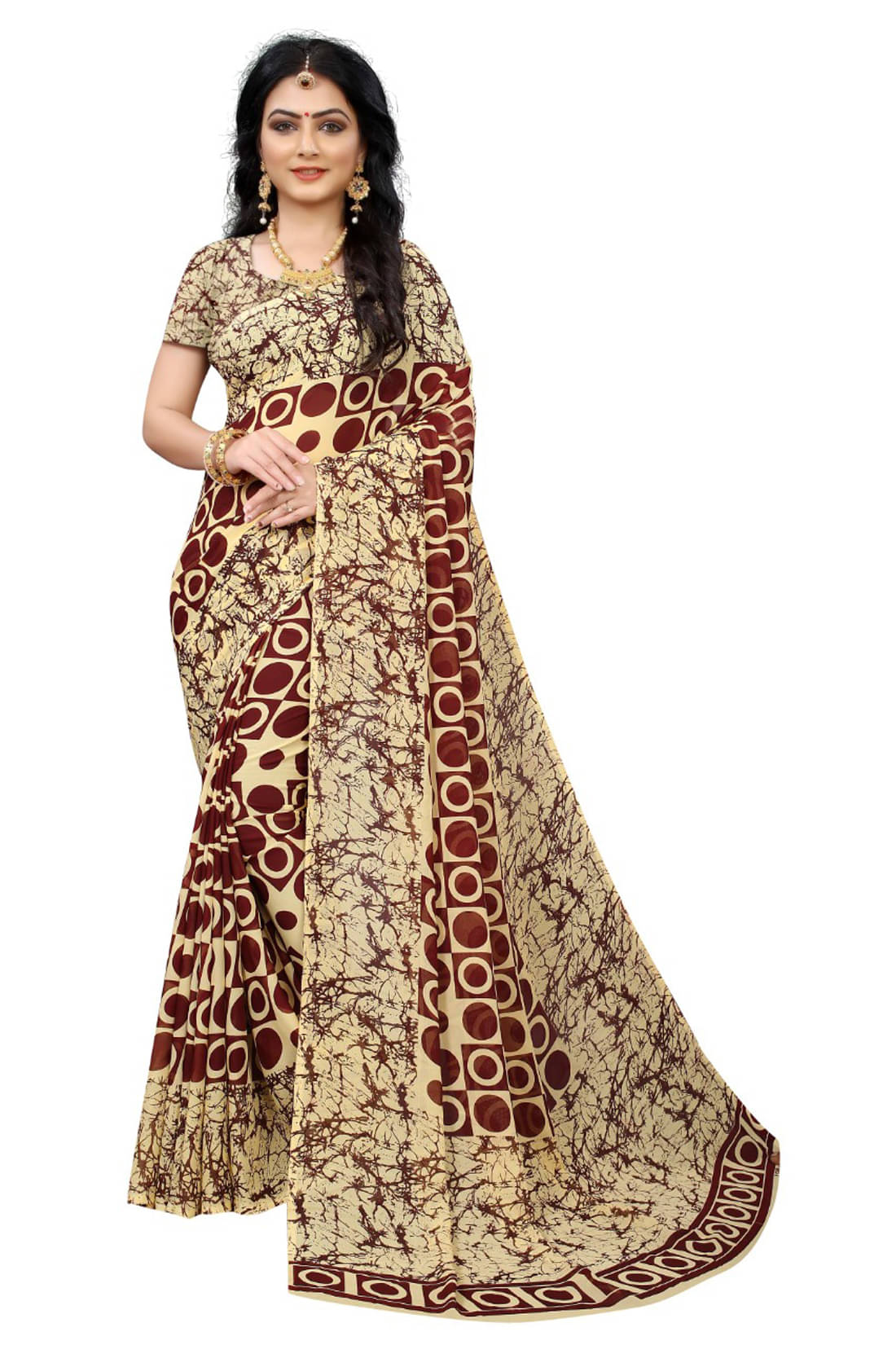 Maayro Georgette Printed Saree With Unstitched Blouse Piece ( Maroon ) Maayro Georgette Printed Saree With Unstitched Blouse Piece ( Maroon )
