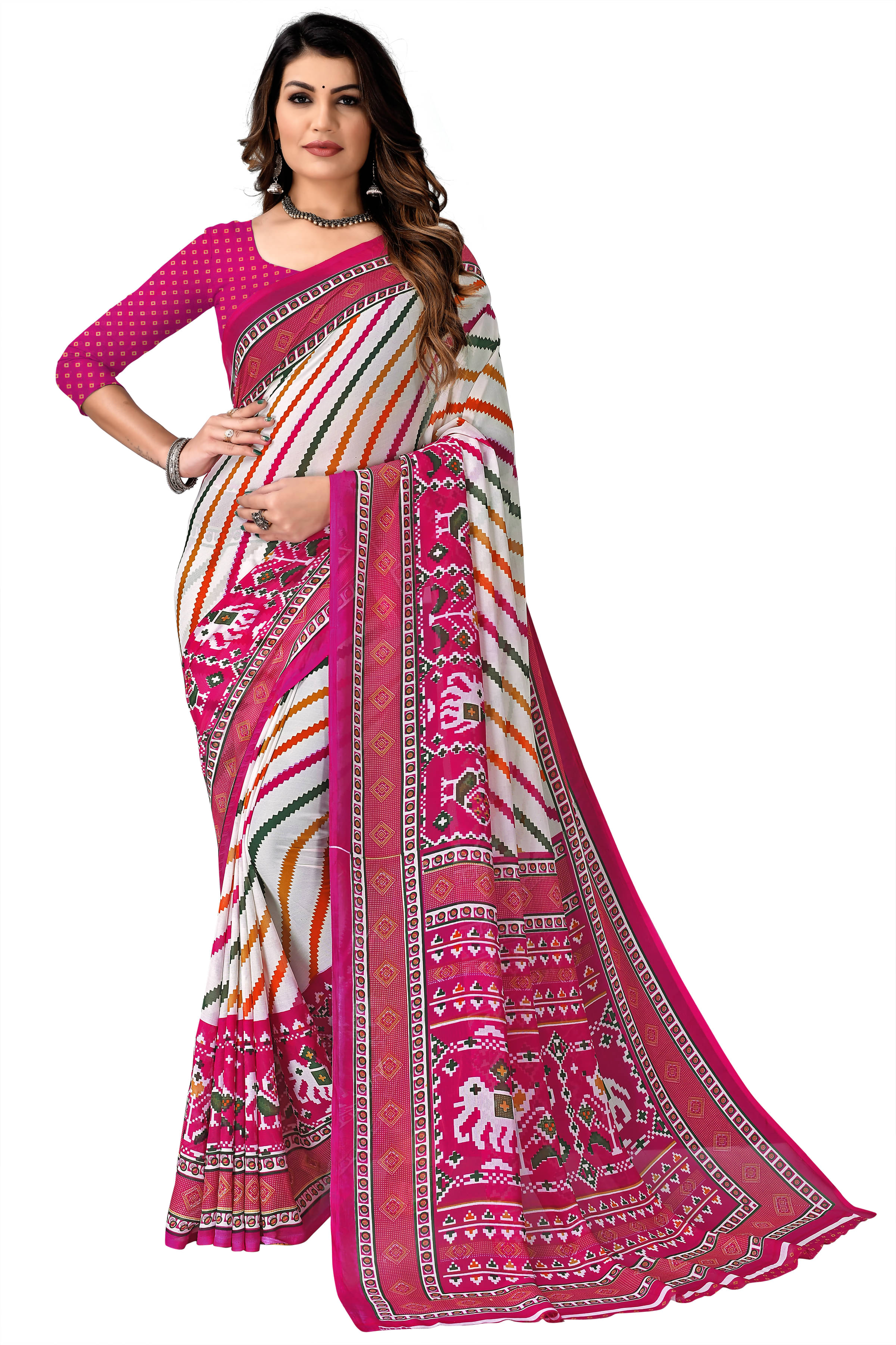     			Maayro Georgette Printed Saree With Unstitched Blouse Piece ( Rani )