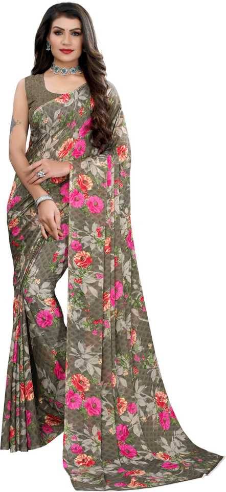     			Maayro Georgette Printed Saree With Unstitched Blouse Piece ( Green )