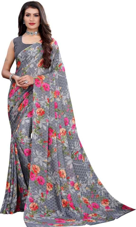 Maayro Georgette Printed Saree With Unstitched Blouse Piece ( Grey ) Maayro Georgette Printed Saree With Unstitched Blouse Piece ( Grey )