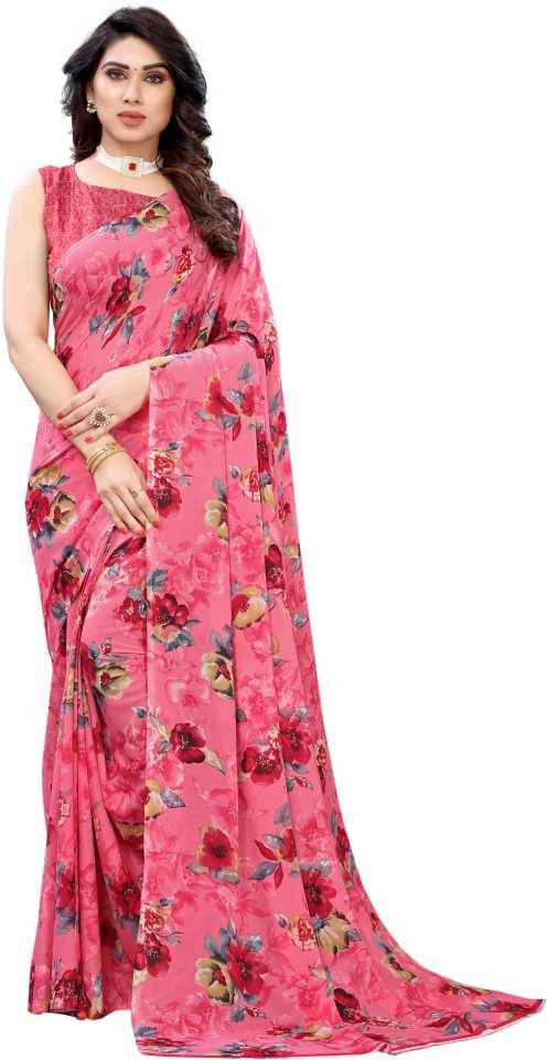Maayro Georgette Printed Saree With Unstitched Blouse Piece ( Pink ) Maayro Georgette Printed Saree With Unstitched Blouse Piece ( Pink )