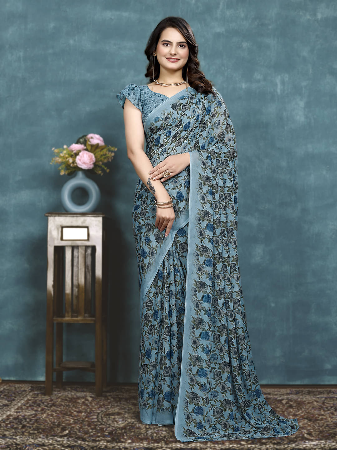 Maayro Georgette Printed Saree With Unstitched Blouse Piece ( Teal ) Maayro Georgette Printed Saree With Unstitched Blouse Piece ( Teal )