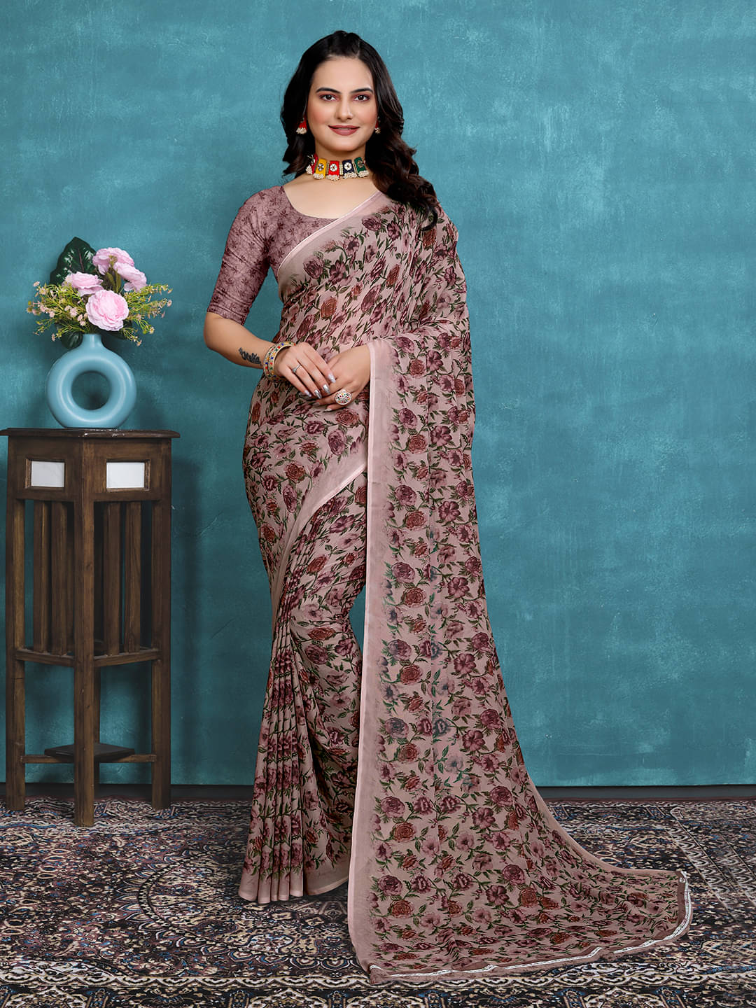     			Maayro Georgette Printed Saree With Unstitched Blouse Piece ( Wine )