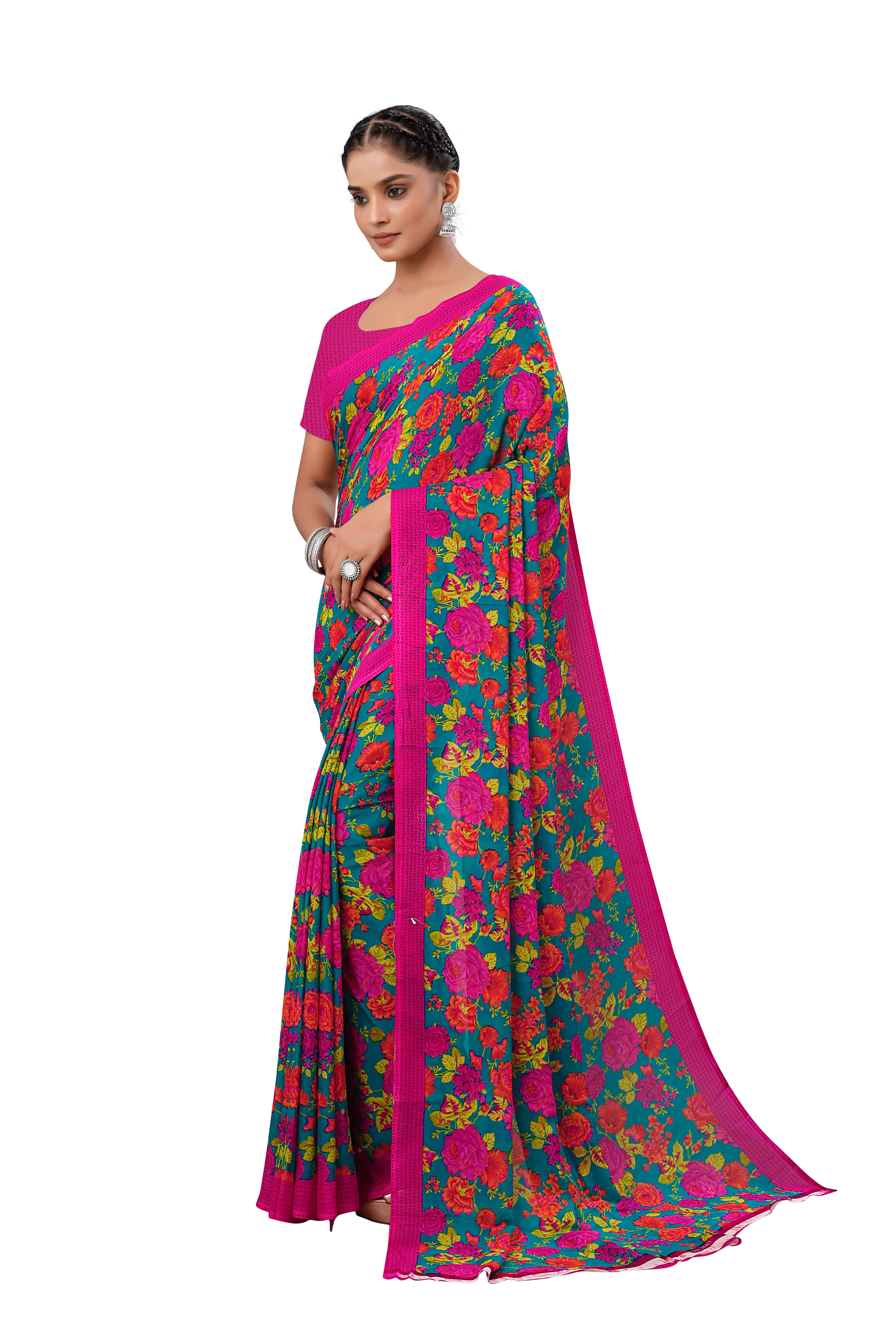     			Maayro Georgette Printed Saree With Unstitched Blouse Piece ( Rama )