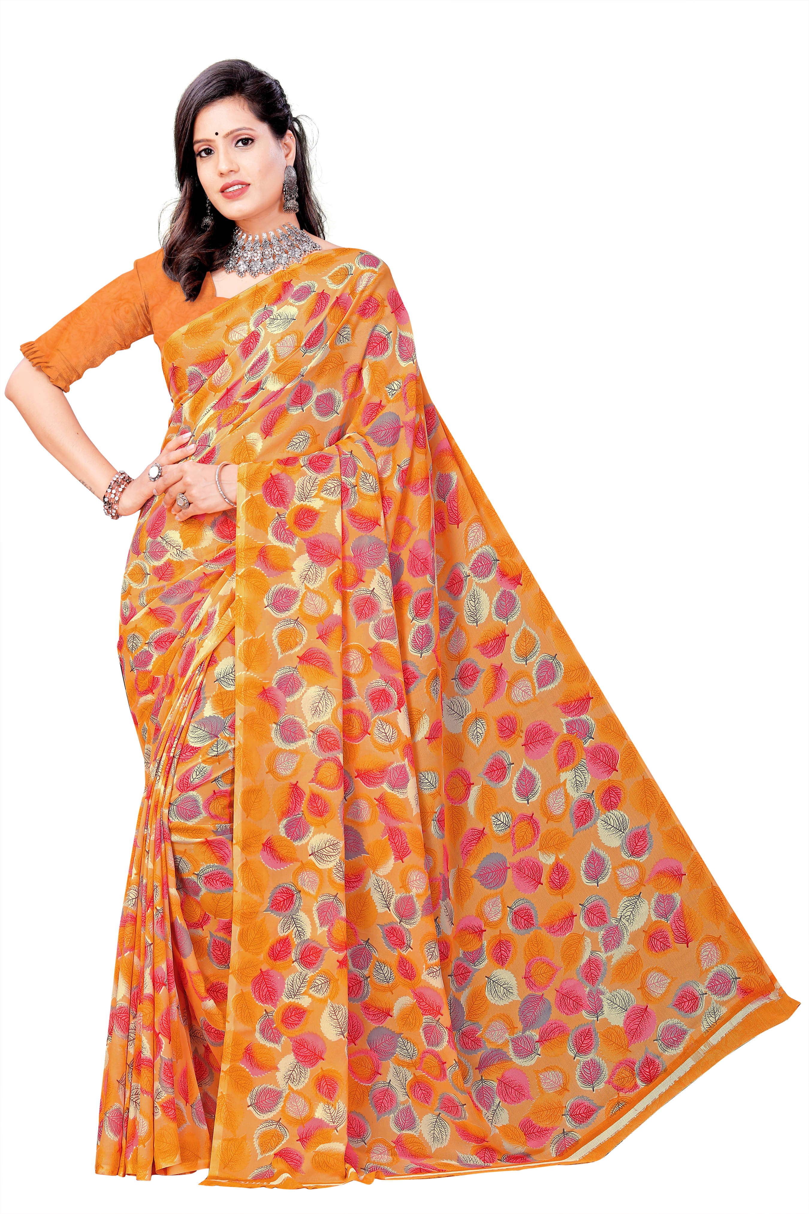     			Maayro Georgette Printed Saree With Unstitched Blouse Piece ( Orange )