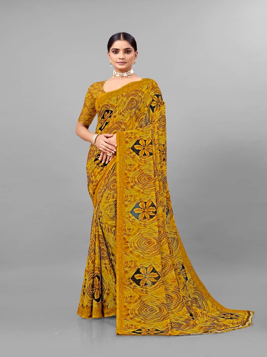 Maayro Georgette Printed Saree With Unstitched Blouse Piece ( Yellow ) Maayro Georgette Printed Saree With Unstitched Blouse Piece ( Yellow )