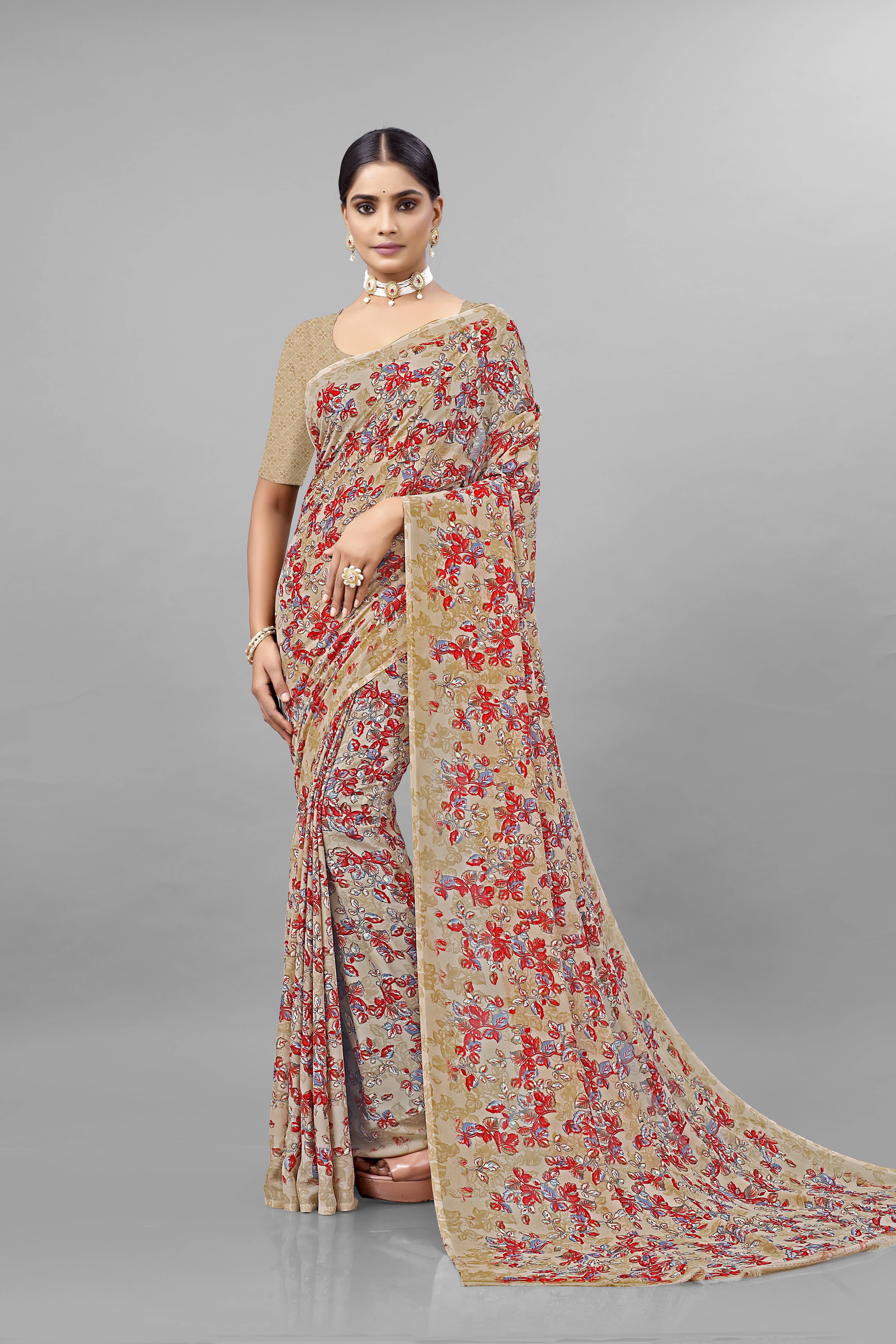 Maayro Georgette Printed Saree With Unstitched Blouse Piece ( Beige ) Maayro Georgette Printed Saree With Unstitched Blouse Piece ( Beige )
