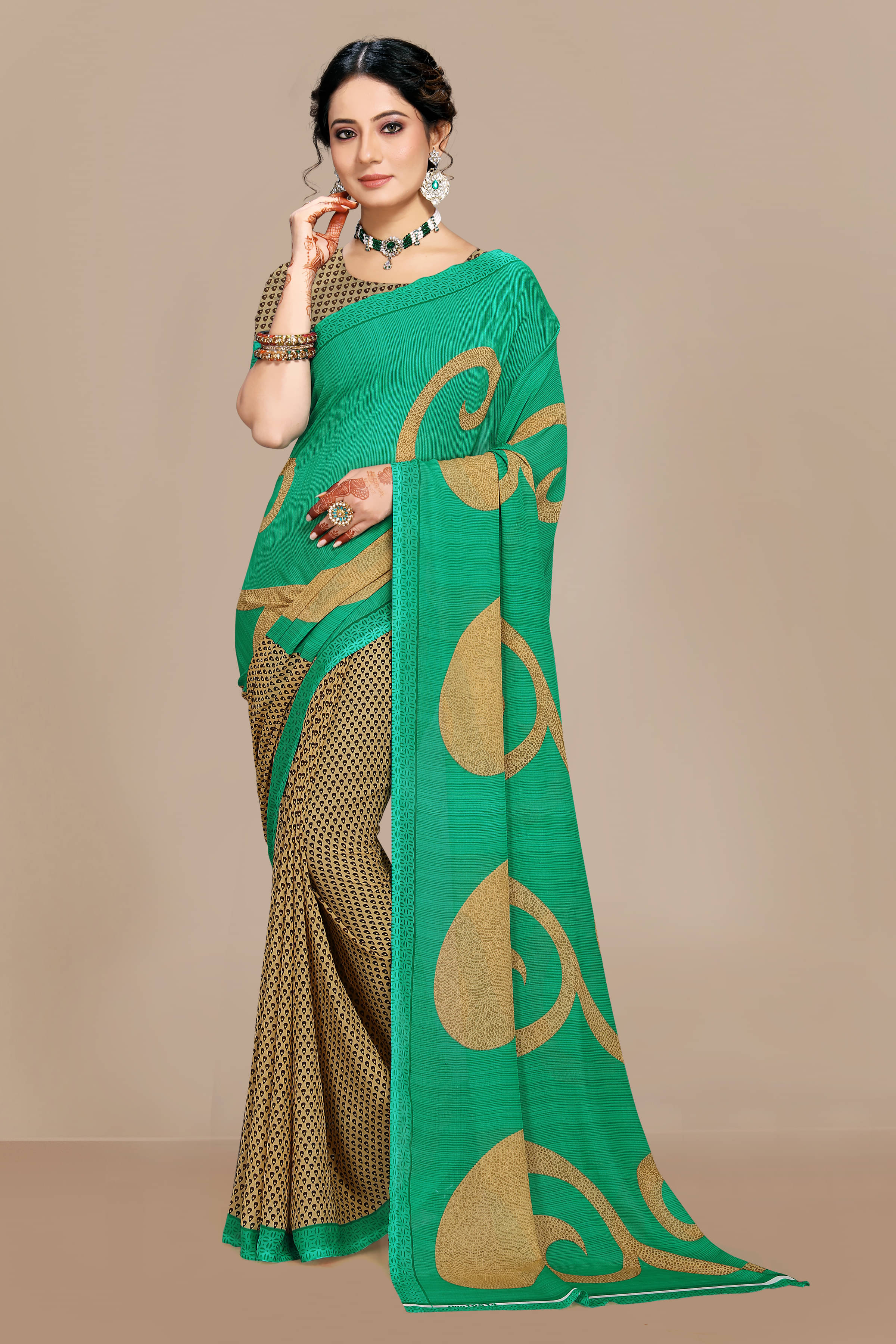 Maayro Georgette Printed Saree With Unstitched Blouse Piece ( Green )     			Maayro Georgette Printed Saree With Unstitched Blouse Piece ( Green )