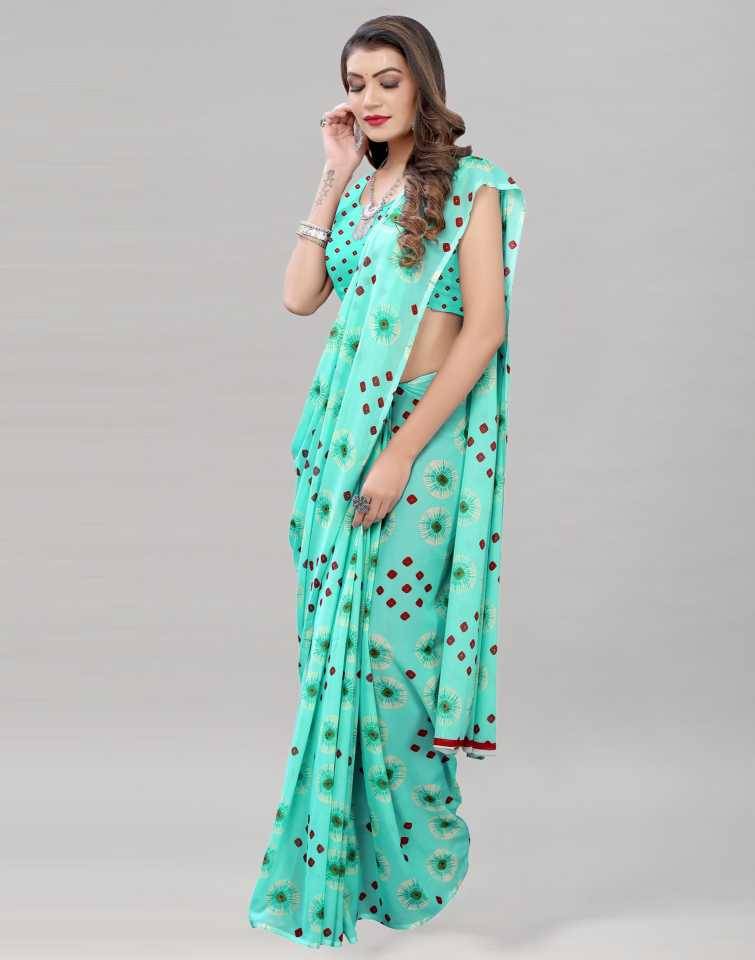 Maayro Georgette Printed Saree With Unstitched Blouse Piece ( Rama )     			Maayro Georgette Printed Saree With Unstitched Blouse Piece ( Rama )