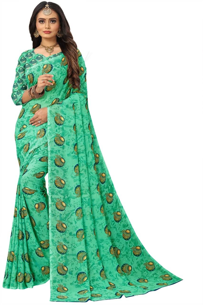 Maayro Georgette Printed Saree With Unstitched Blouse Piece ( Rama ) Maayro Georgette Printed Saree With Unstitched Blouse Piece ( Rama )