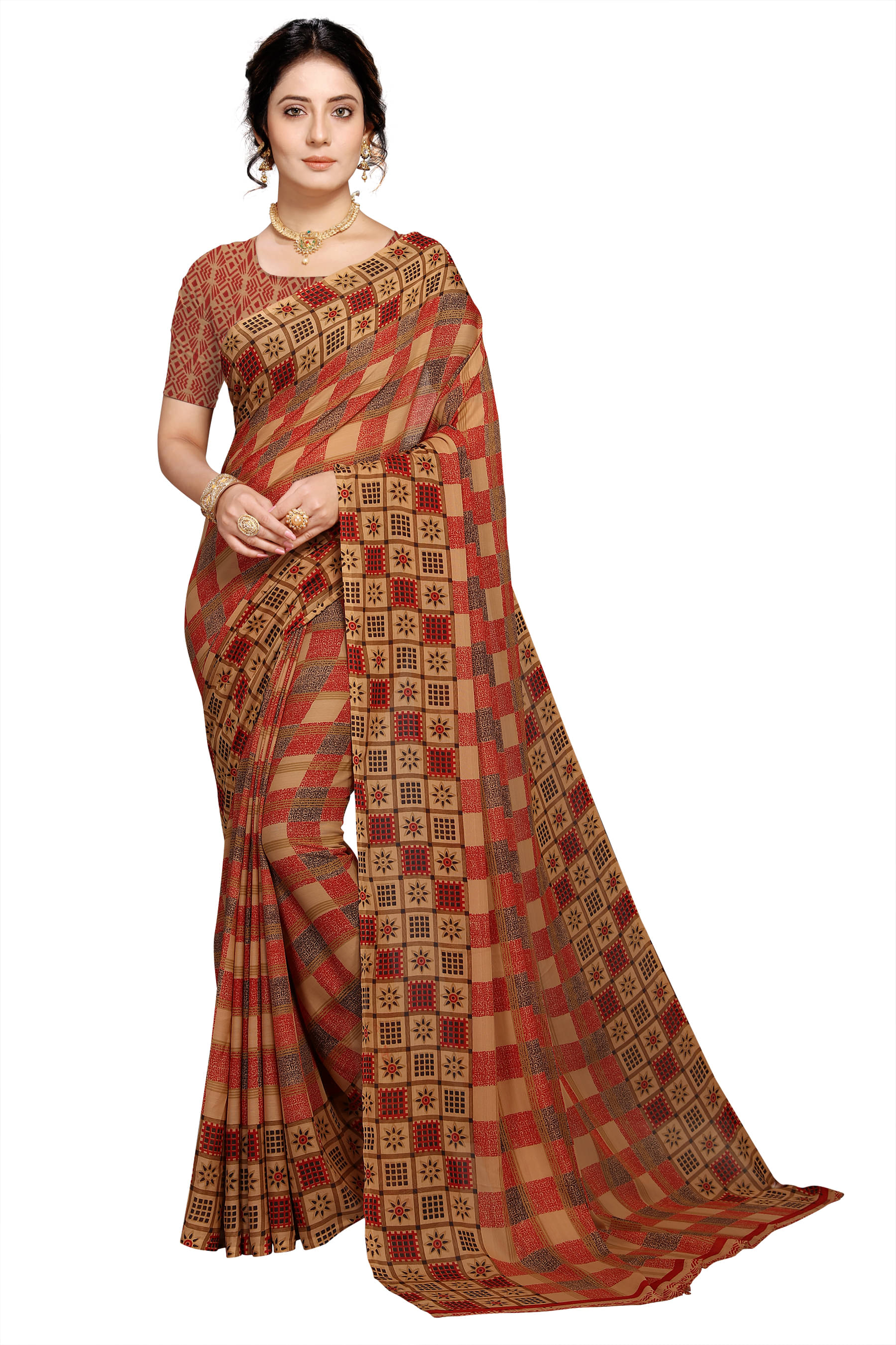 Maayro Georgette Printed Saree With Unstitched Blouse Piece ( Brown ) Maayro Georgette Printed Saree With Unstitched Blouse Piece ( Brown )