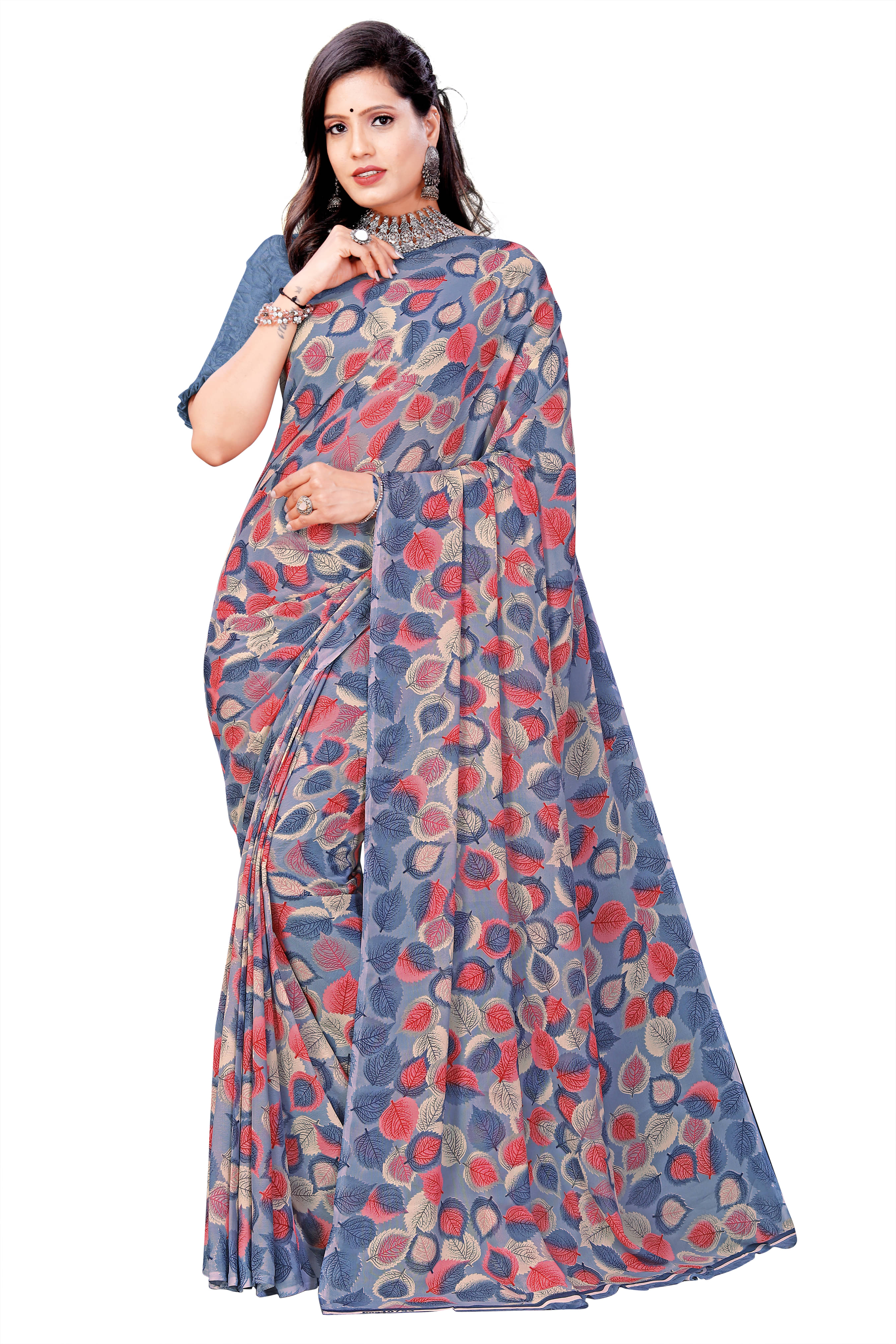 Maayro Georgette Printed Saree With Unstitched Blouse Piece ( Grey ) Maayro Georgette Printed Saree With Unstitched Blouse Piece ( Grey )