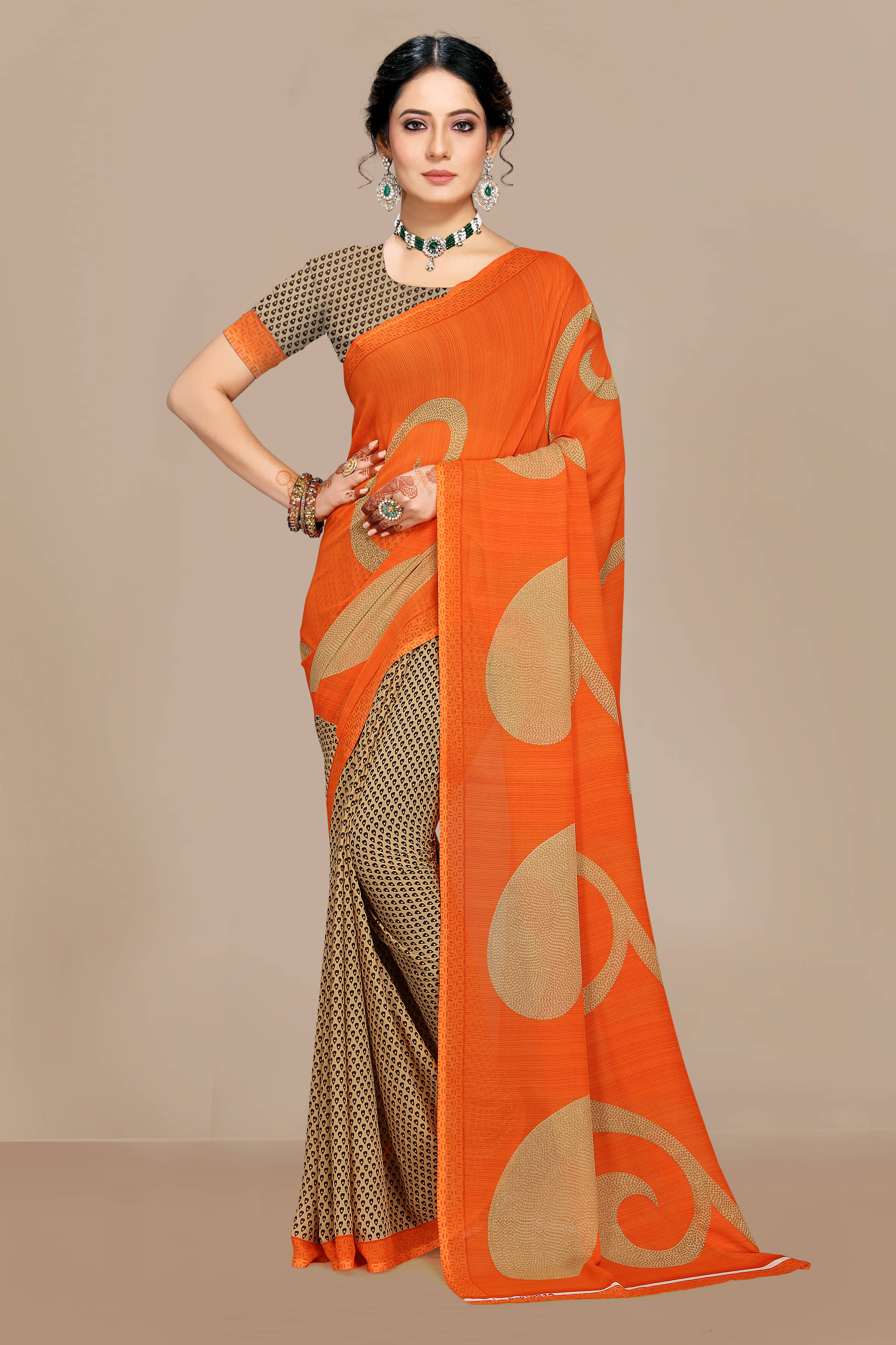     			Maayro Georgette Printed Saree With Unstitched Blouse Piece ( Orange )
