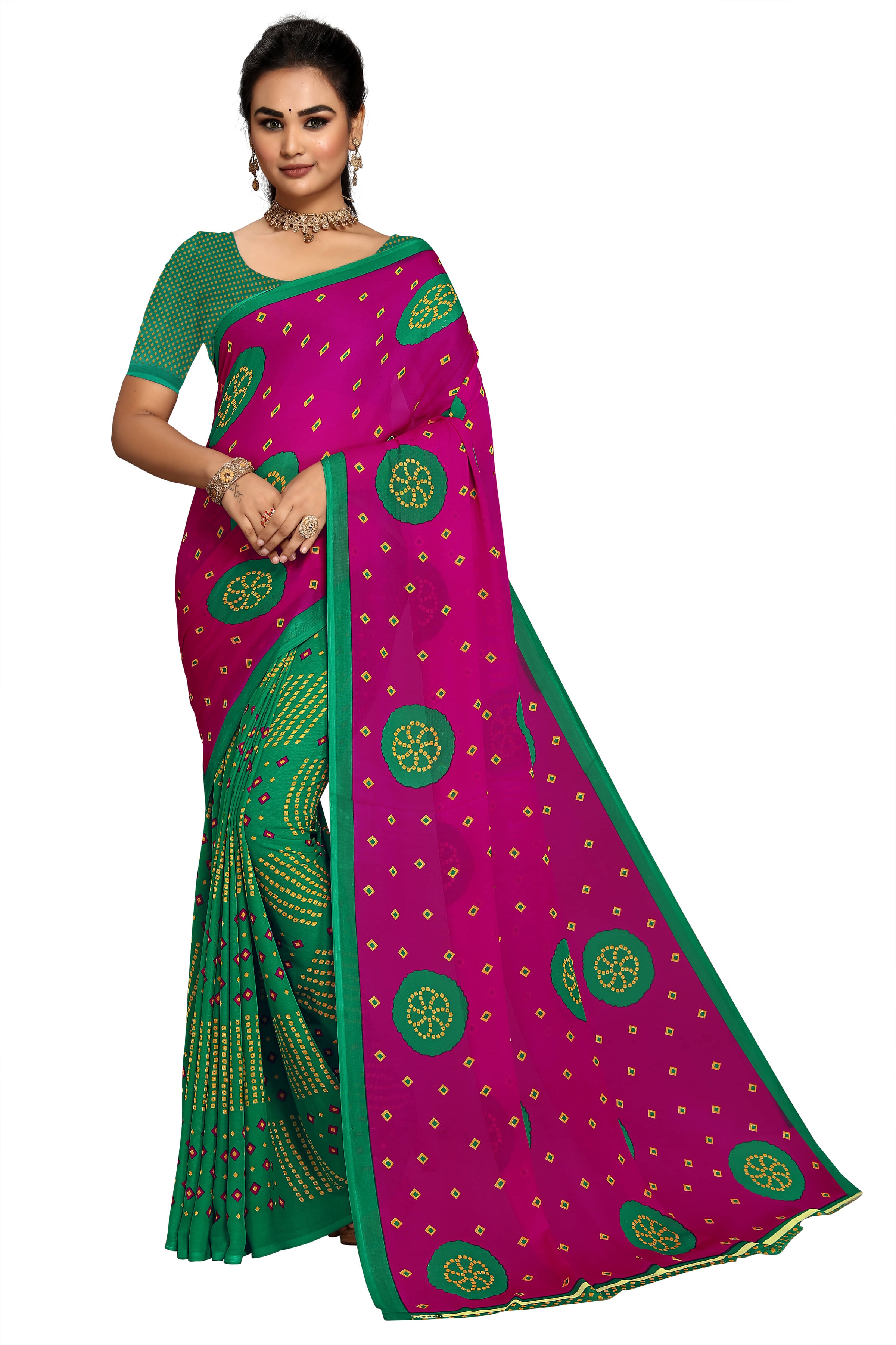     			Maayro Georgette Printed Saree With Unstitched Blouse Piece ( Rani )
