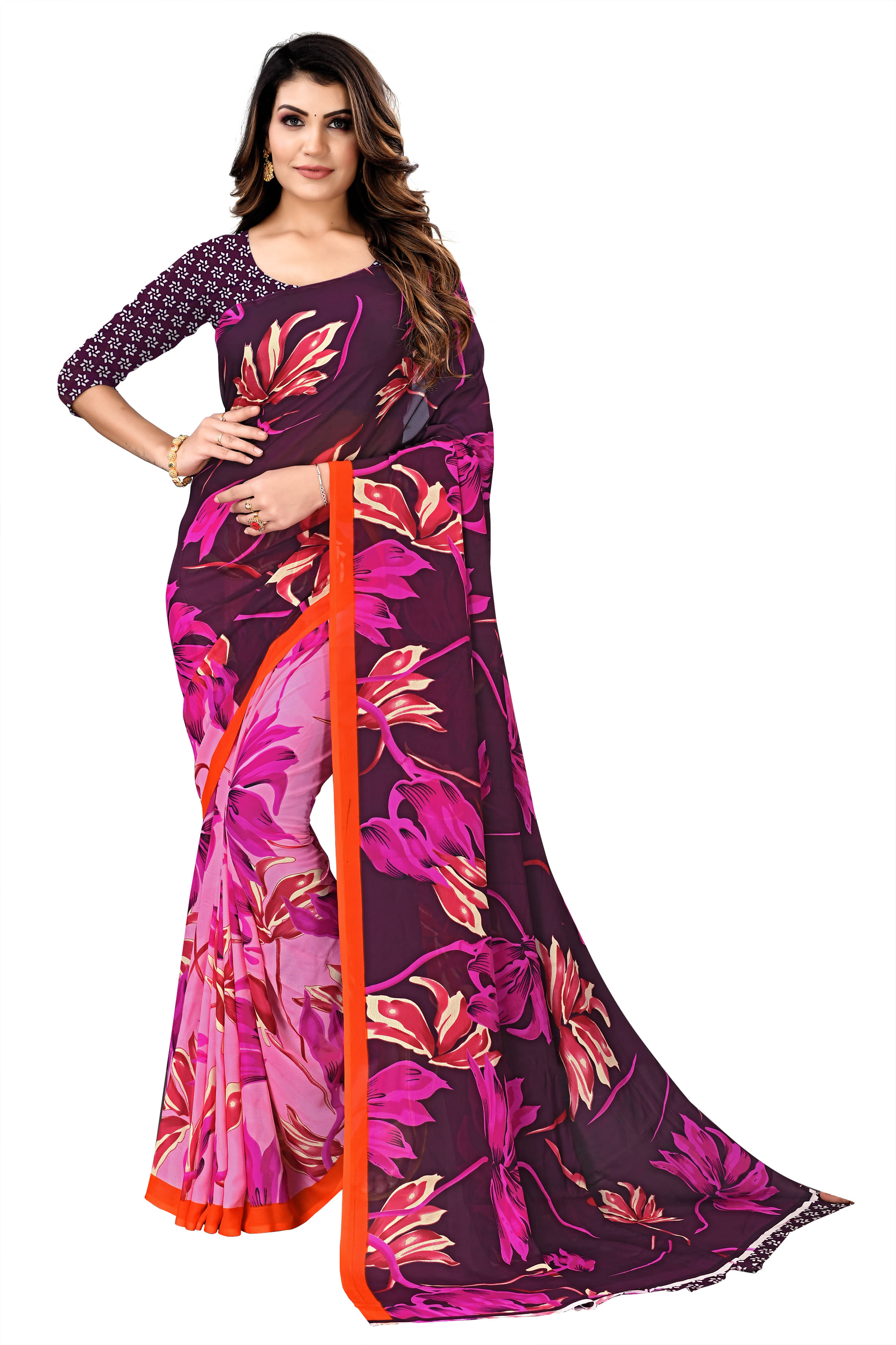     			Maayro Georgette Printed Saree With Unstitched Blouse Piece ( Pink )