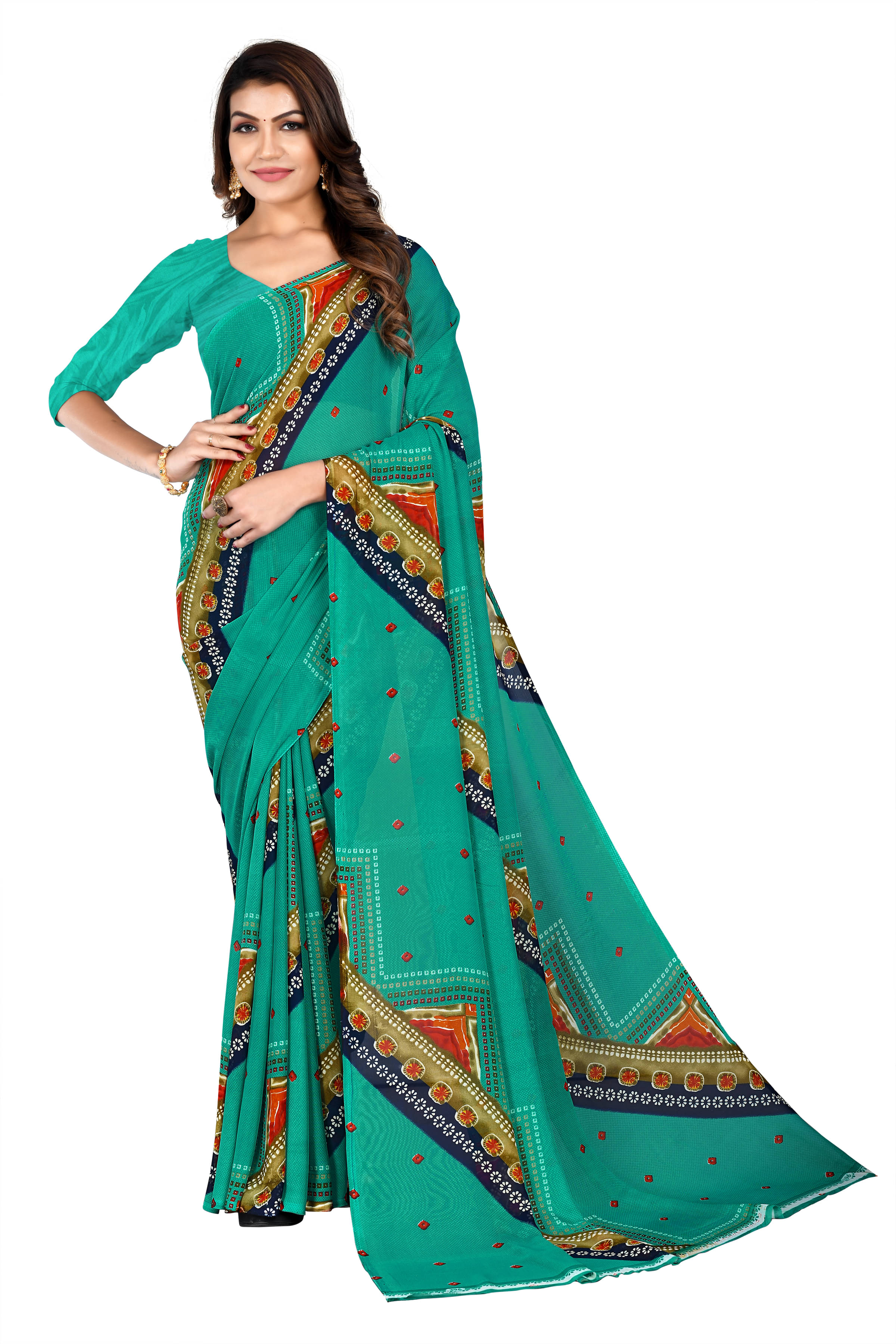     			Maayro Georgette Printed Saree With Unstitched Blouse Piece ( Rama )